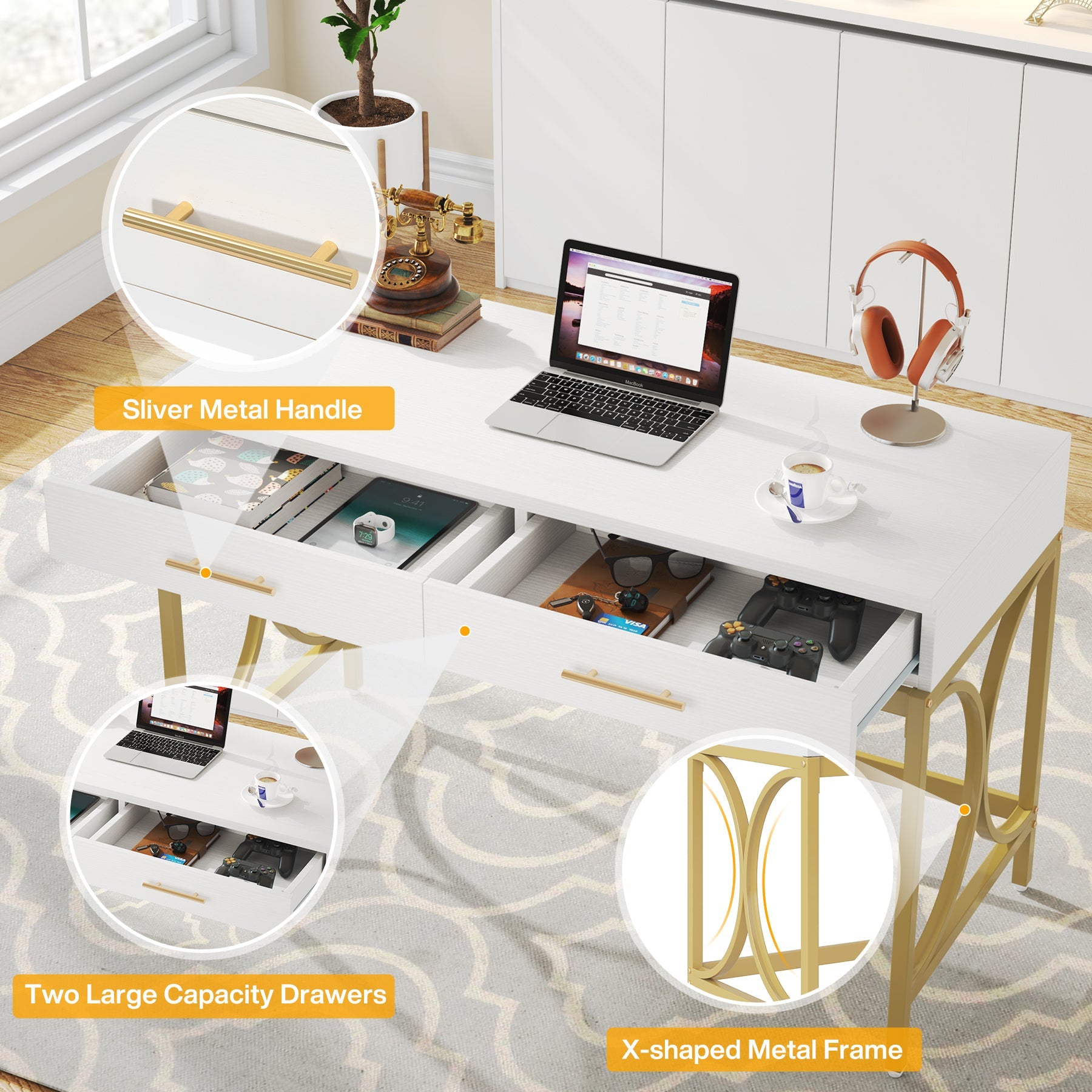 41 Inch Modern Computer Desk with 2 Drawers - Home Office Writing Desk for Small Spaces, Gaming & Study | Ergonomic Workstation for Remote Work & Online Classes