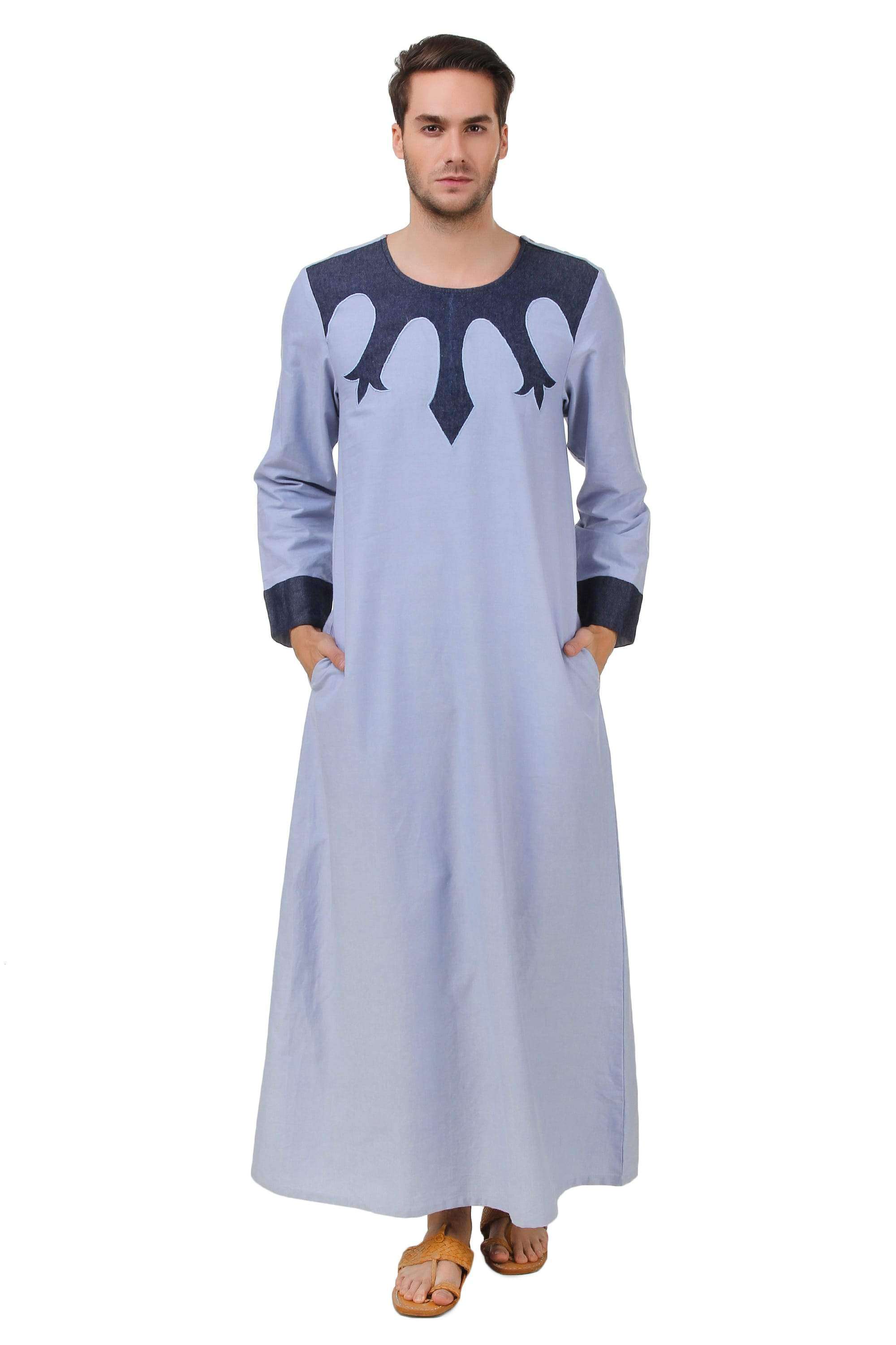 Farhan Blue Chambray Galabiyya - Traditional Arabic Robe for Men - Comfortable Loungewear & Prayer Outfit - Perfect for Eid, Ramadan & Home Relaxation