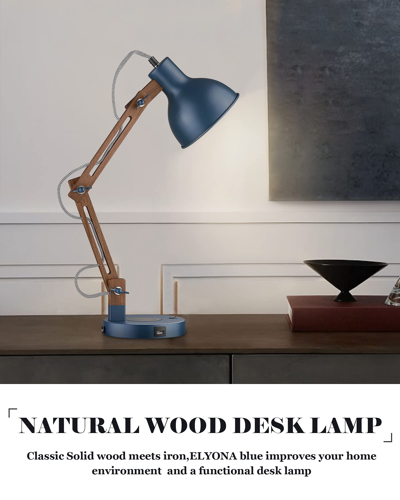 ELYONA Sapele Wood Swing Arm Desk Lamp with Wireless Charger & USB-C Port - Modern LED Task Light for Reading, Office, Bedroom, Dorm, Living Room | Includes Bulb & Fast Charging for Phones, Tablets | Perfect for Home Office, Study & Nightstand Use