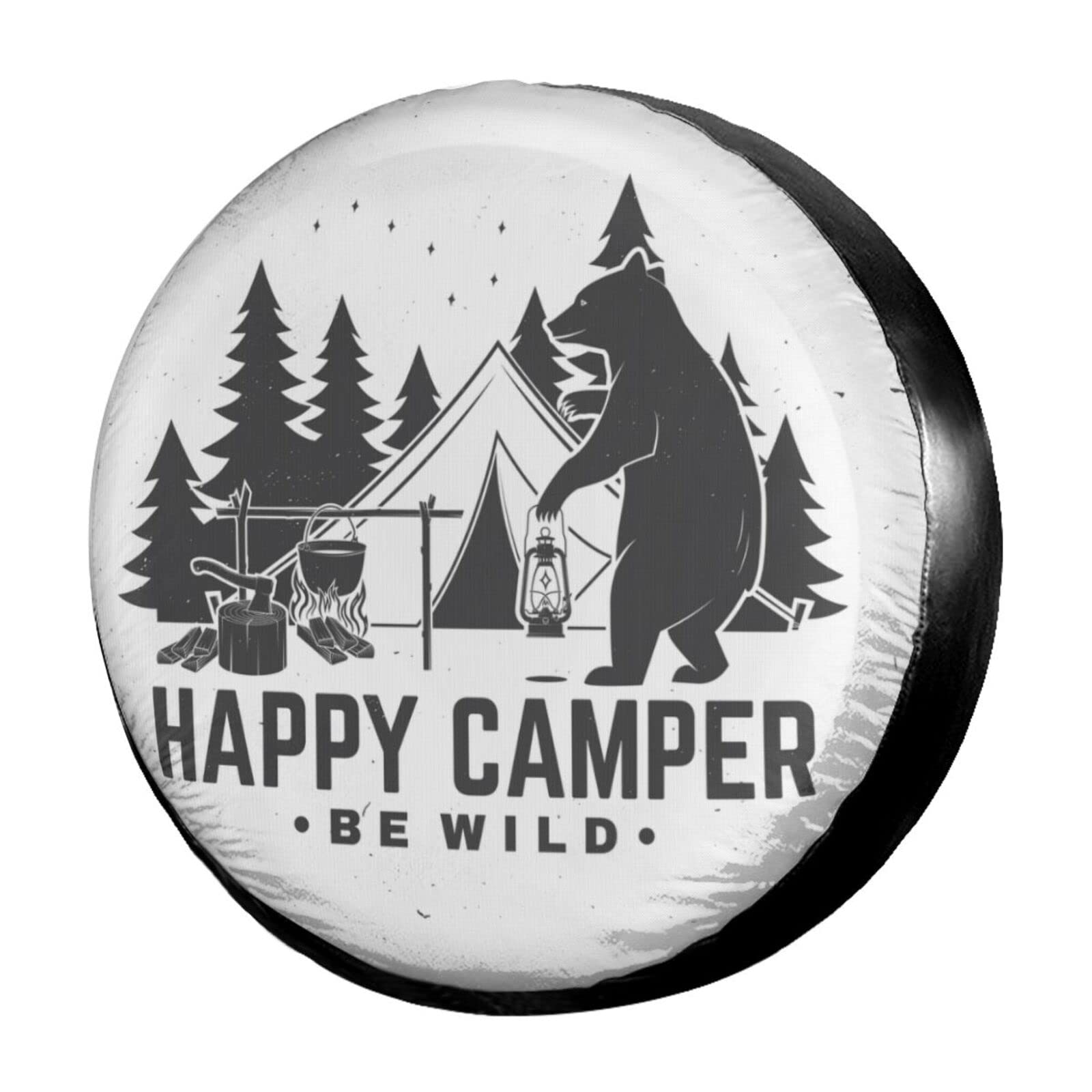 Happy Camper Bear Spare Tire Cover - Dust-Proof 14 Inch Wheel Protector for Trailers, RVs, SUVs & Vehicles | Outdoor Adventure Accessory