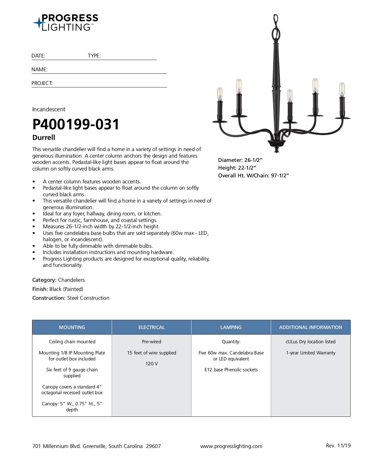 Progress Lighting Durrell Collection 5-Light Coastal Chandelier - Matte Black Finish for Beach House, Porch, or Dining Room Lighting