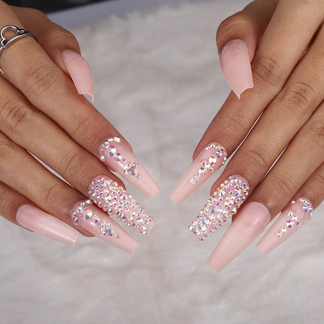 Long Crystal Press-On Nails - Nude Coffin Glossy Fake Nails with 3D Bling & Rhinestones | Ballerina False Nails Set for Women & Girls (24Pcs) | Perfect for Parties, Weddings & Special Occasions