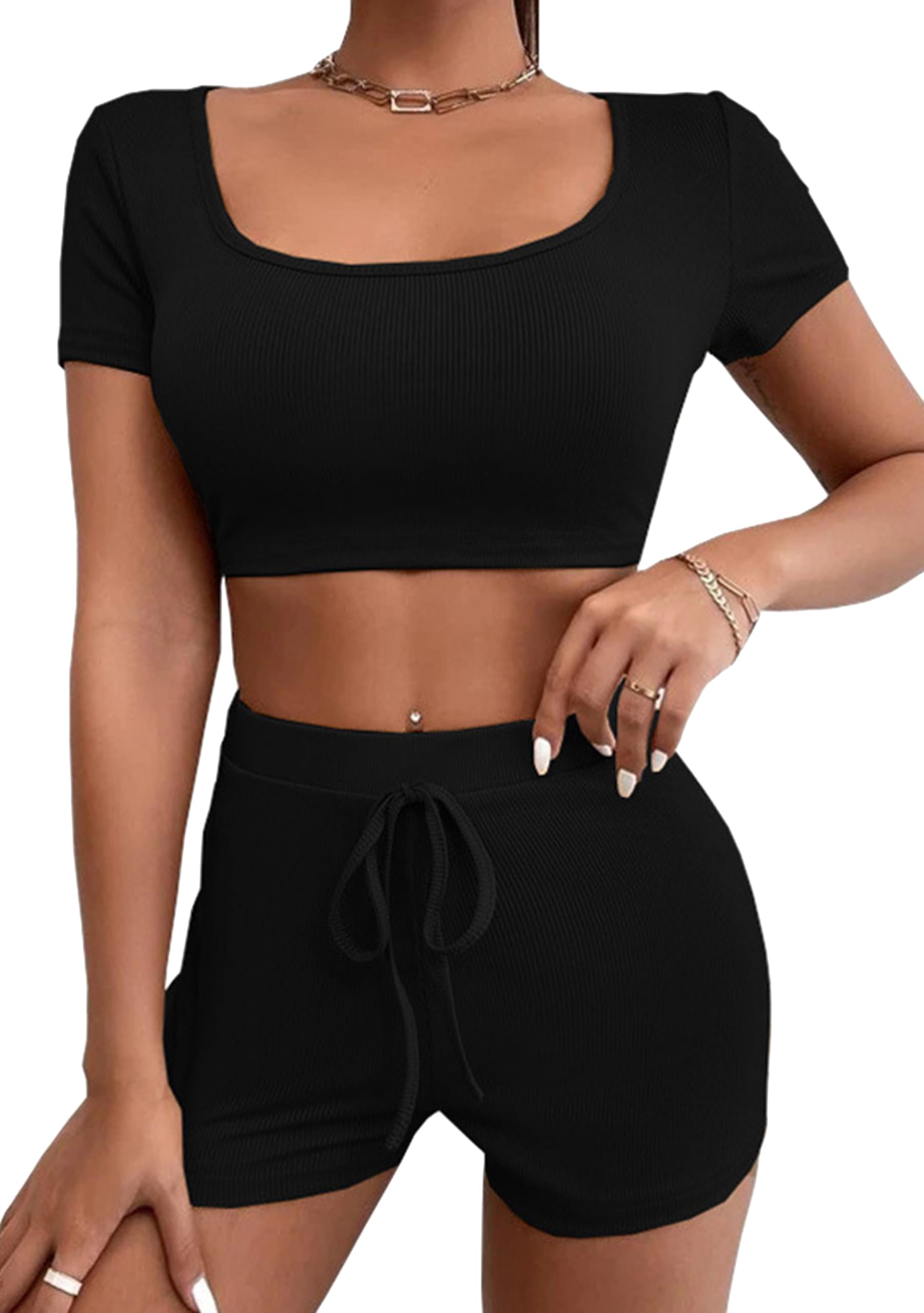 GORIFE Women's 2-Piece Workout Set - Square Neck Crop Top & Ribbed Shorts | Gym Outfit, Yoga Clothes, Running Tracksuit | Breathable Activewear for Women