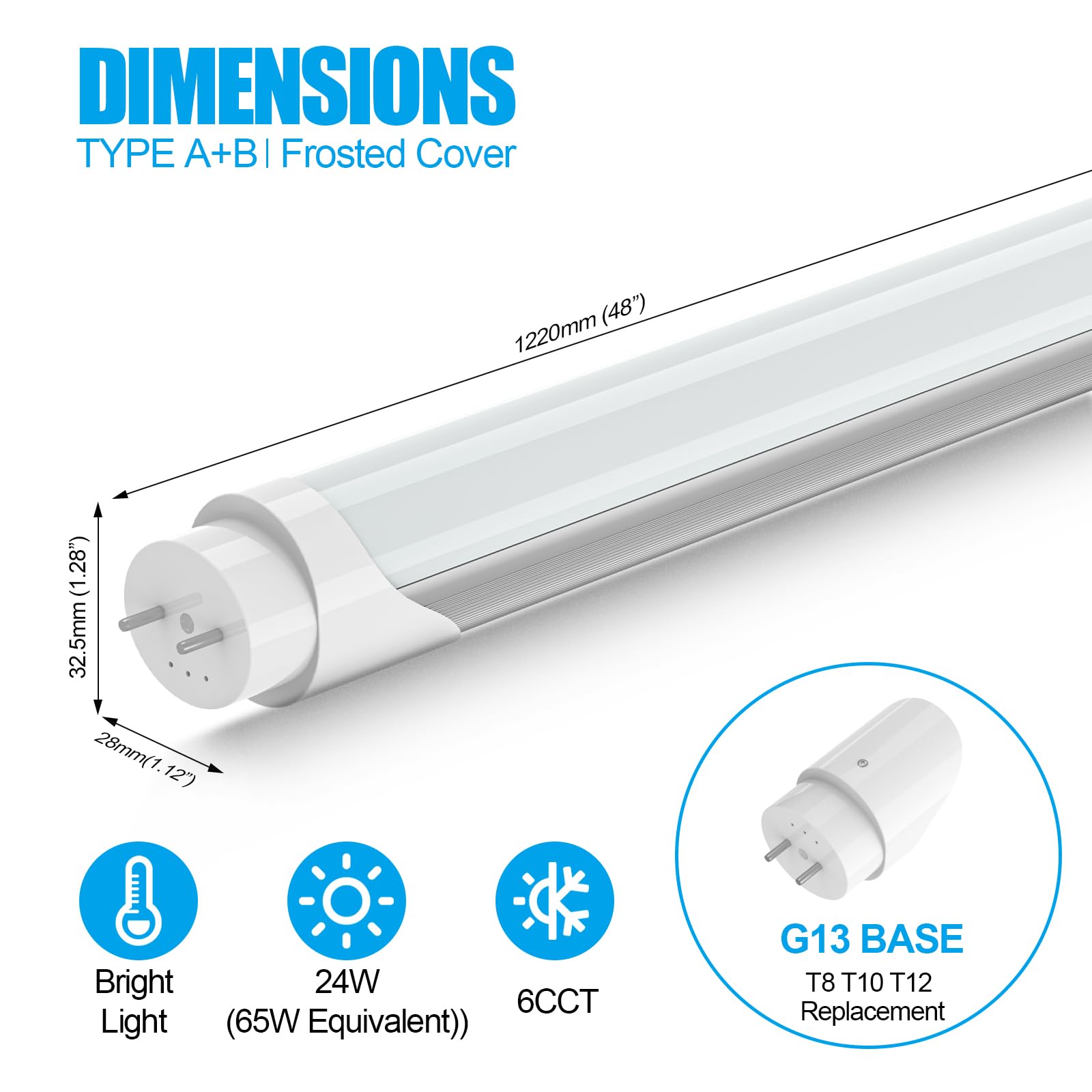 T8 T12 LED Bulbs 4 Foot - 6CCT Adjustable (3000K-6500K) - 10W-24W Hybrid Type A+B - Plug & Play/Ballast Bypass - ETL DLC Certified - 6 Pack White - Energy Saving Fluorescent Tube Replacement for Garage, Warehouse & Office Lighting