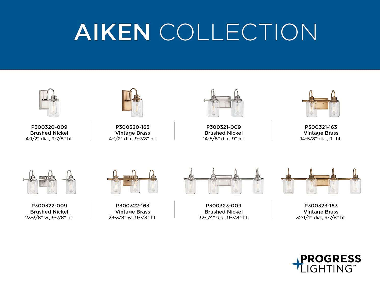 Progress Lighting Aiken Collection 4-Light Vintage Brass Vanity Light with Clear Glass Shades - Perfect for Bathroom, Powder Room, and Dressing Area Lighting