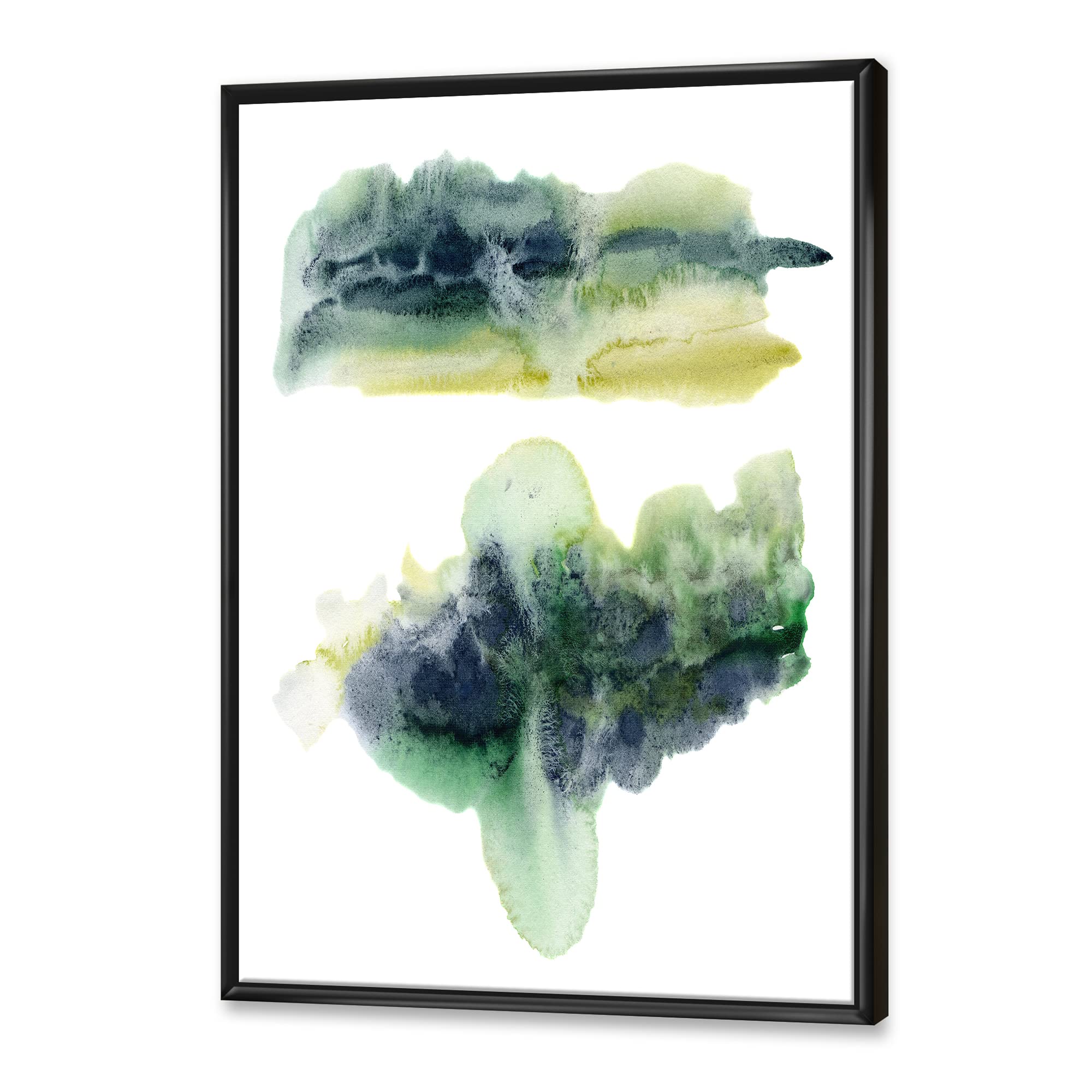 DesignQ Golden Green Abstract Clouds With Blue Points IV - Modern Framed Canvas Wall Art Print for Living Room, Bedroom & Office Decor | Ready to Hang Home Decoration