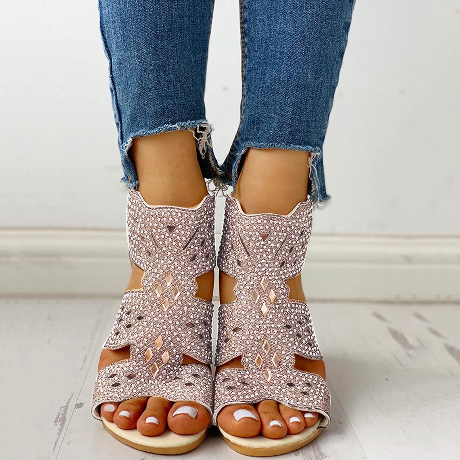 COOKI Women's Summer Sandals - Casual Roman Zipper Hollow Out Wedge Flat Sandals for Women | Comfortable Beach Walking & Vacation Shoes