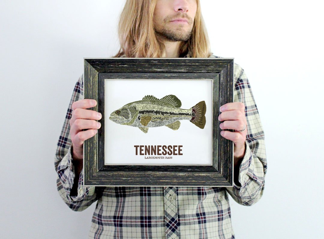 Tennessee State Fish Art Print - Vintage Map & Largemouth Bass Wall Decor for Men | Nature Outdoor Art, Unique Gift for Anglers & Home Office Decor