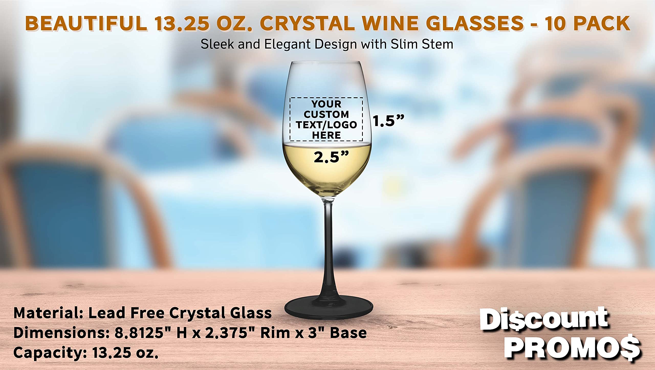 10-Piece Crystal Wine Glass Set - 13.25 oz Elegant Stemware with Custom Text/Logo - Lightweight Barware for Parties, Weddings & Home Decor (Black)