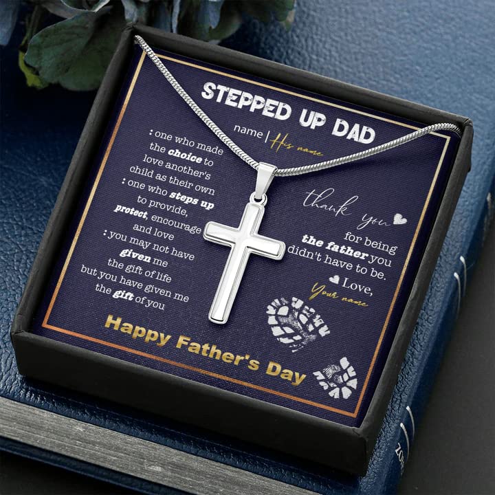 Custom Engraved Cross Necklace for Stepdad - Thoughtful Gift for Father's Day, Birthday & Bonus Dad Appreciation - Personalized Message Card Included - Perfect Gift from Son, Daughter, Stepson or Stepdaughter - Ideal for Special Occasions & Daily Wear