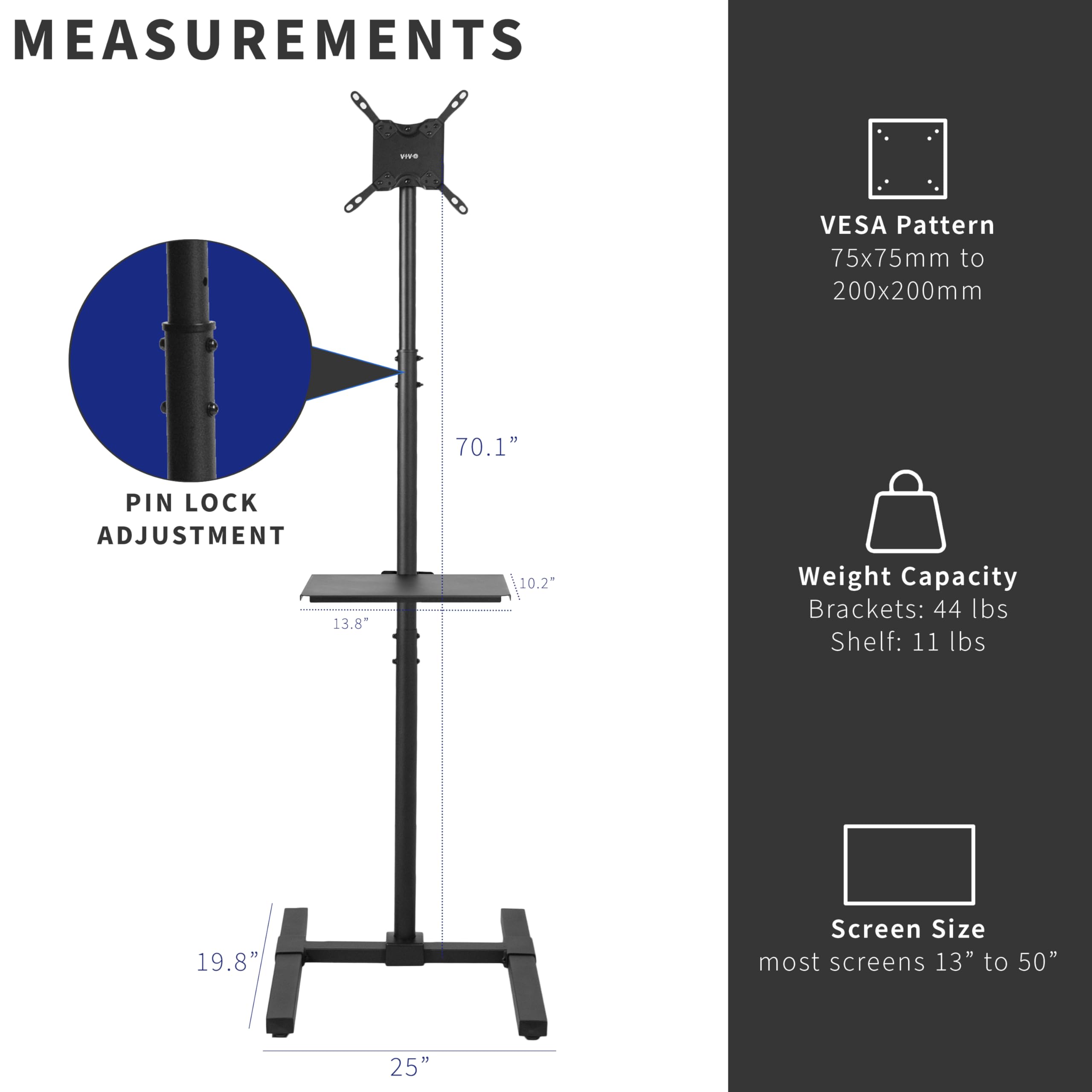VIVO Extra Tall TV Floor Stand with Shelf for 13 to 50 inch Screens - Universal Mount for LED, OLED, 4K Smart Flat & Curved Monitors - 70 inch Tall Pole - Max VESA 200x200 - Perfect for Treadmills, Ellipticals & Home Gym Setup - Black (STAND-TV17-S)