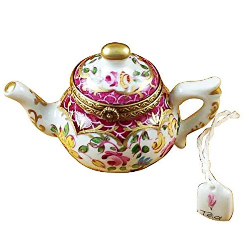 Authentic Limoges Porcelain Box - Teapot with Floral & Maroon Scales Design | French Handcrafted Collectible Figurine | Perfect for Home Decor, Gift Giving & Tea Lovers