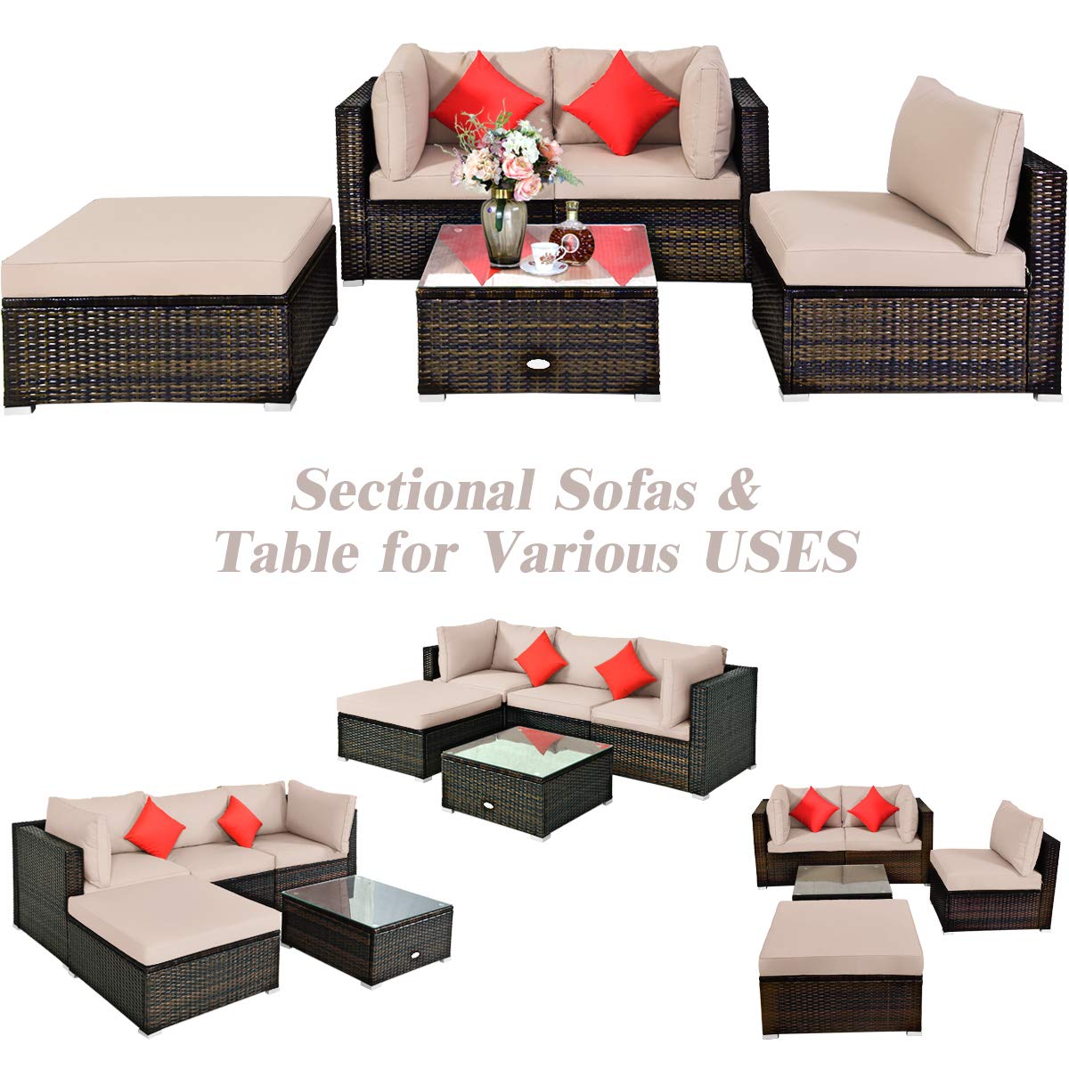 **HAPPYGRILL 5-Piece Patio Conversation Set - Outdoor Rattan Wicker Furniture with Sectional Sofa, Ottoman, Coffee Table, Cushions & Pillows - Perfect for Garden, Lawn, Balcony, Backyard & Poolside Relaxation**