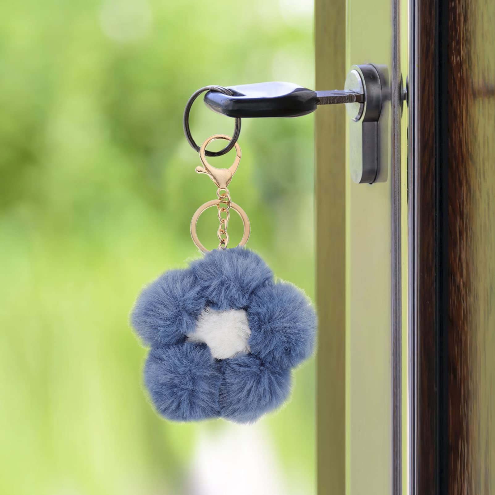 GALPADA Plush Keychain - Faux Fur Pompom Flower Key Ring for Backpacks & Bags (Haze Blue)