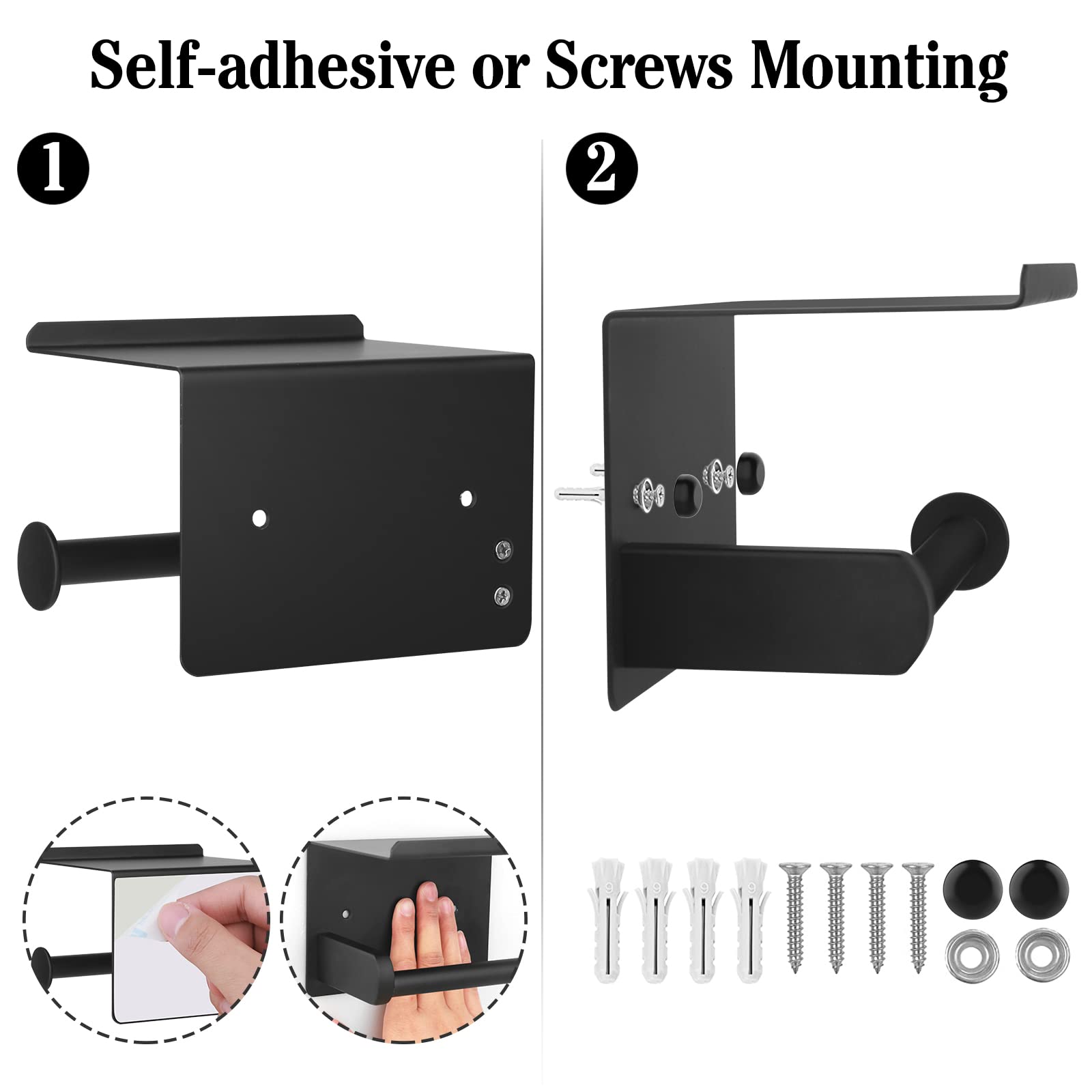 Ahomxin 2-in-1 Wall Mounted Toilet Paper Holder - Screw or Self-Adhesive Bathroom Roll Holder with Shelf in Matte Black | Perfect for Small Bathrooms, Powder Rooms & Washrooms