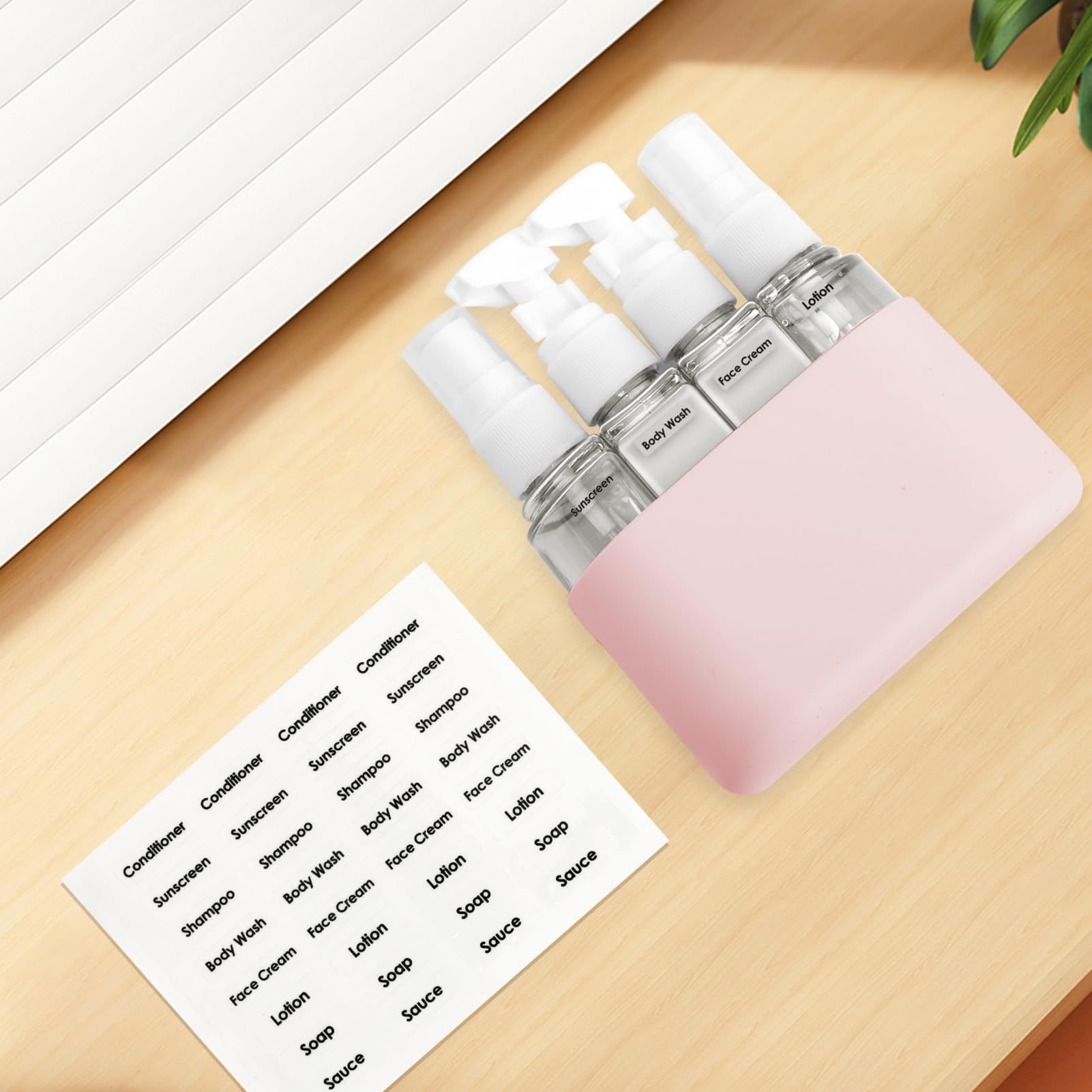 Skycase 4-in-1 Leak Proof Travel Bottles Set - TSA Approved Refillable Toiletries Containers with Labels & Funnel for Shampoo, Lotion & Liquid (Pink) | Perfect for Airplane Carry-on, Gym Bag & Vacation Essentials