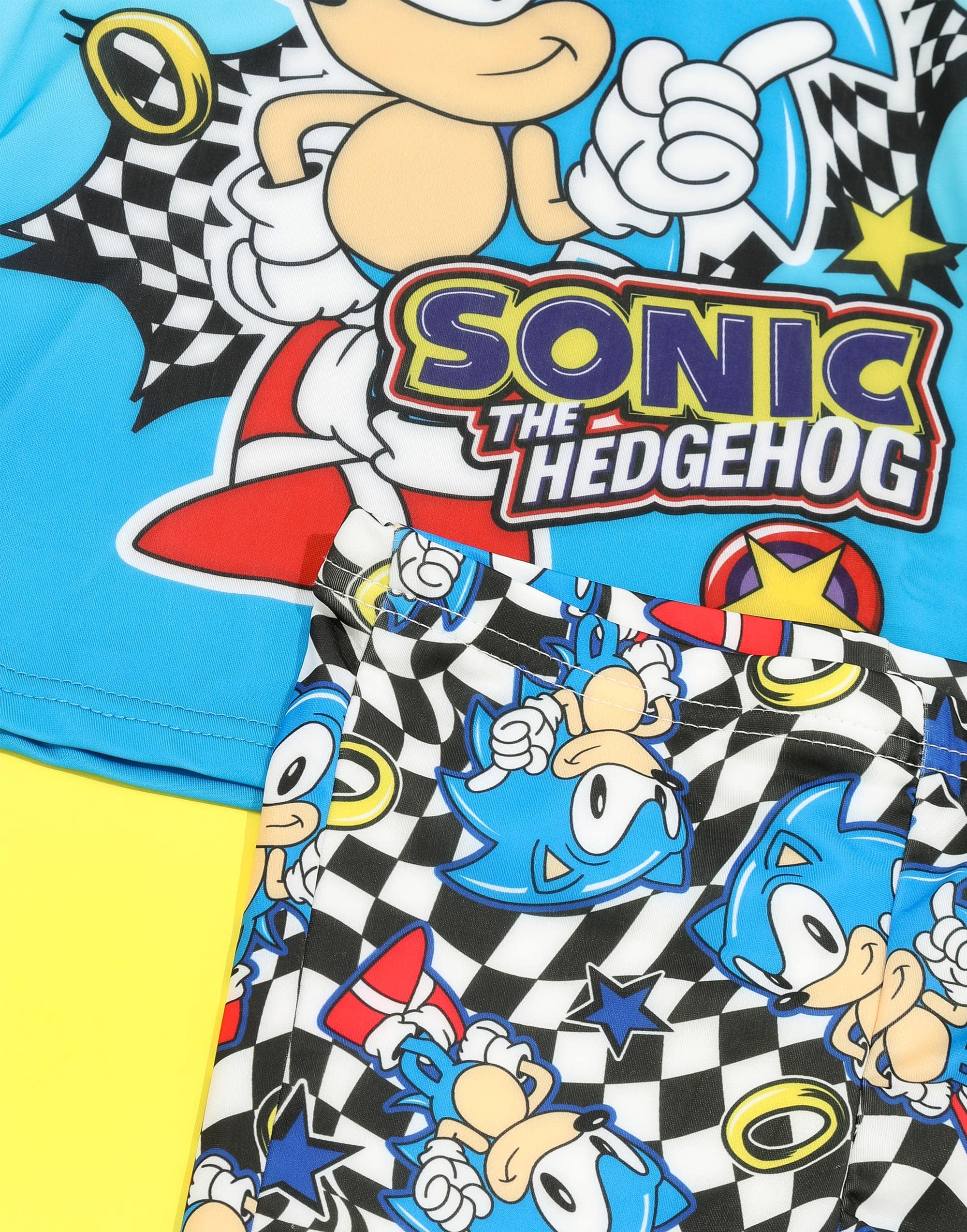 Sonic The Hedgehog Boys Swimwear Set - Blue 2-Piece Rash Guard & Swim Trunks with Racing Checkers Design | Kids Swimming Costume for Pool, Beach & Water Play