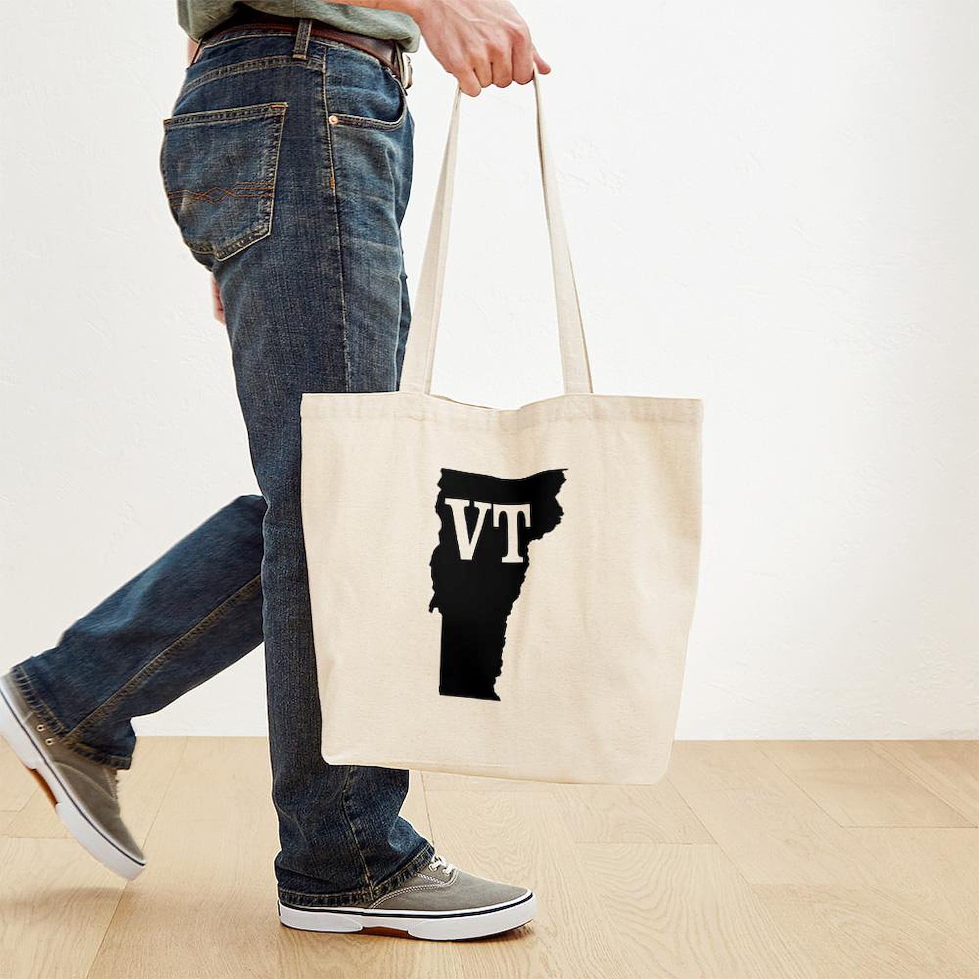 Vermont Initials Natural Canvas Tote Bag - Reusable Eco-Friendly Shopping Bag for Groceries, Beach & Daily Use | Personalized State-Themed Gift