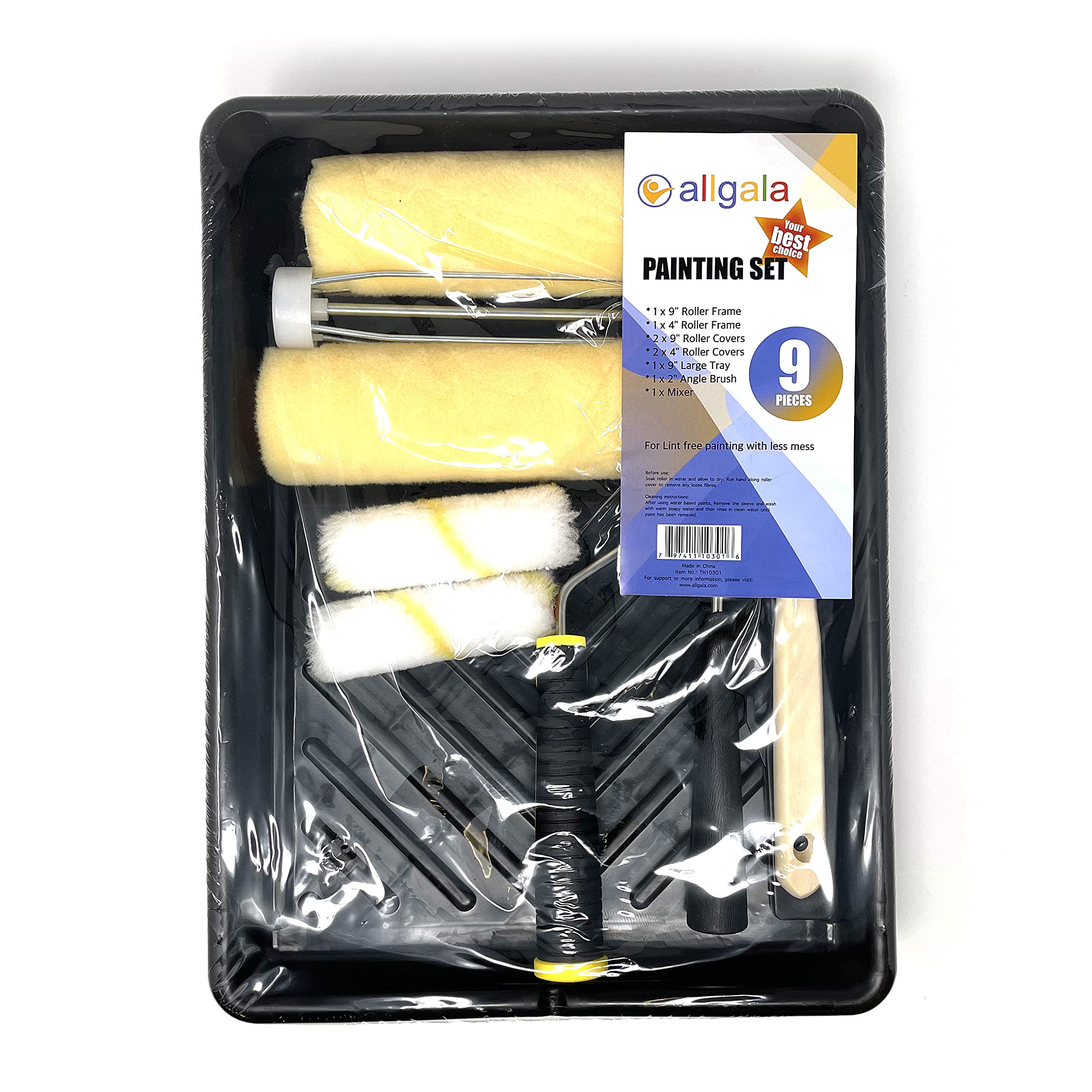 Allgala 9-Piece Paint Roller Kit - Lint-Free Rollers with Frames, Covers, Brush Mixer & Large Tray (TH10301) - Perfect for Interior Painting, DIY Home Projects & Professional Wall Makeovers
