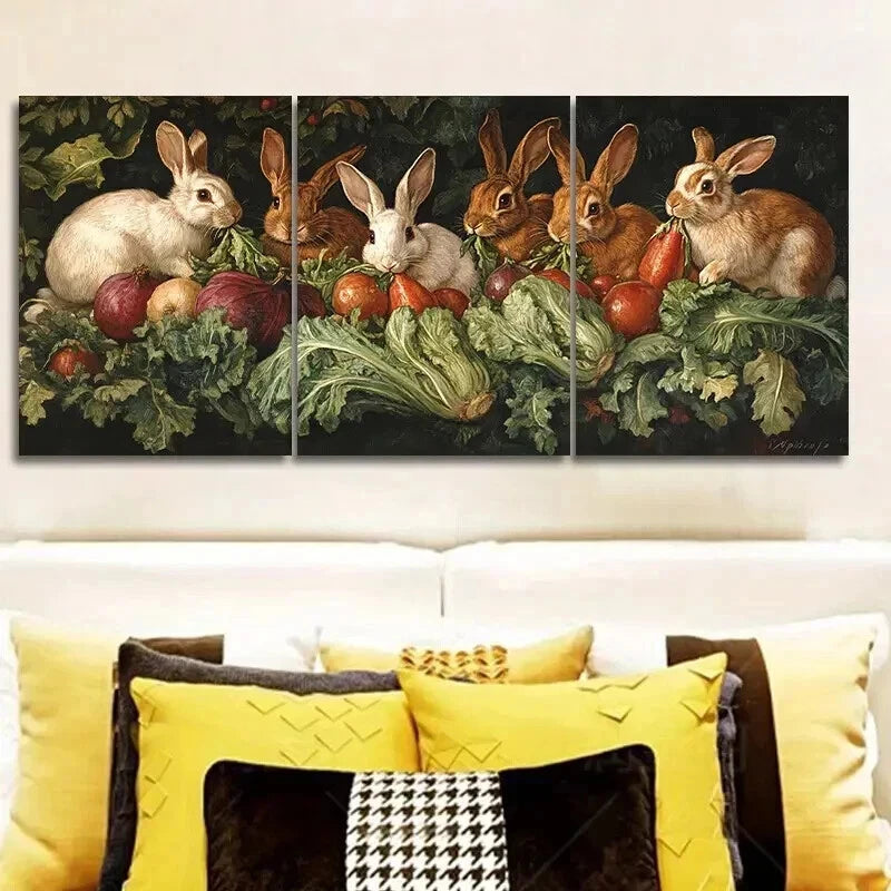 3-Piece Classic Modern Rabbit Farm Wall Art Set - Framed Canvas 50x70cm - High Quality Print - 100% Australian Made - Ready to Hang - Perfect for Living Room, Nursery, or Farmhouse Decor
