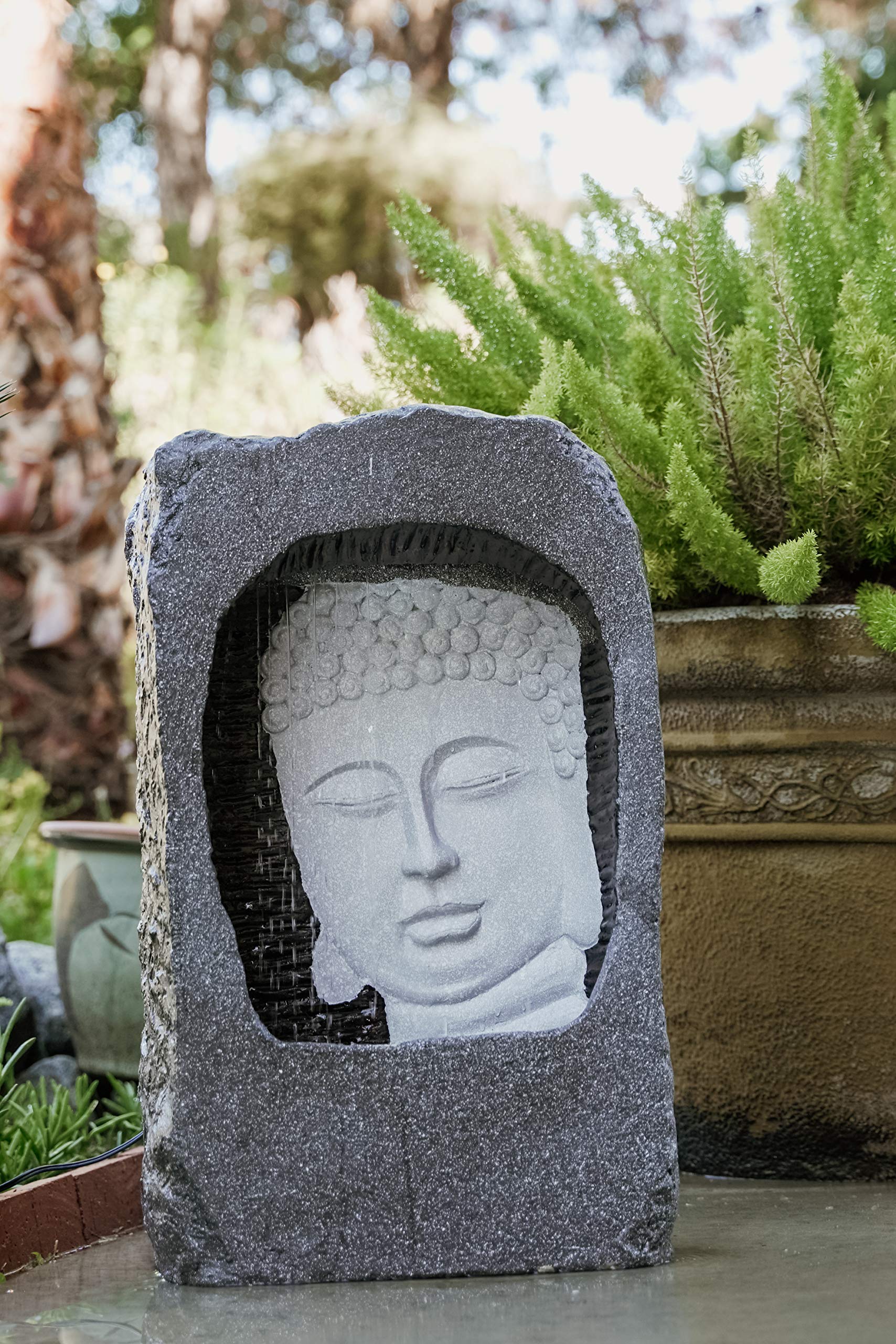 XBrand 23-Inch Tall LED Buddha Water Fountain with Auto Shut Off Pump - Indoor/Outdoor Zen Decor in Grey & White | Perfect for Garden, Patio, Yoga Room & Office Relaxation