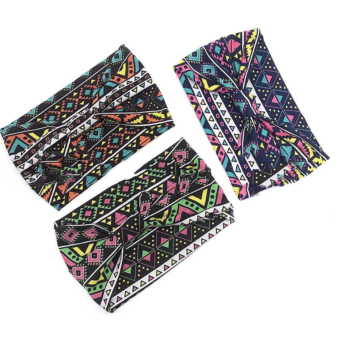 Boho Wide Turban Headbands for Women - 3 Pack Floral Print Yoga Head Wraps with Red Knot Elastics - Perfect for Workouts, Running, and Fashion Accessories (Floral 7)