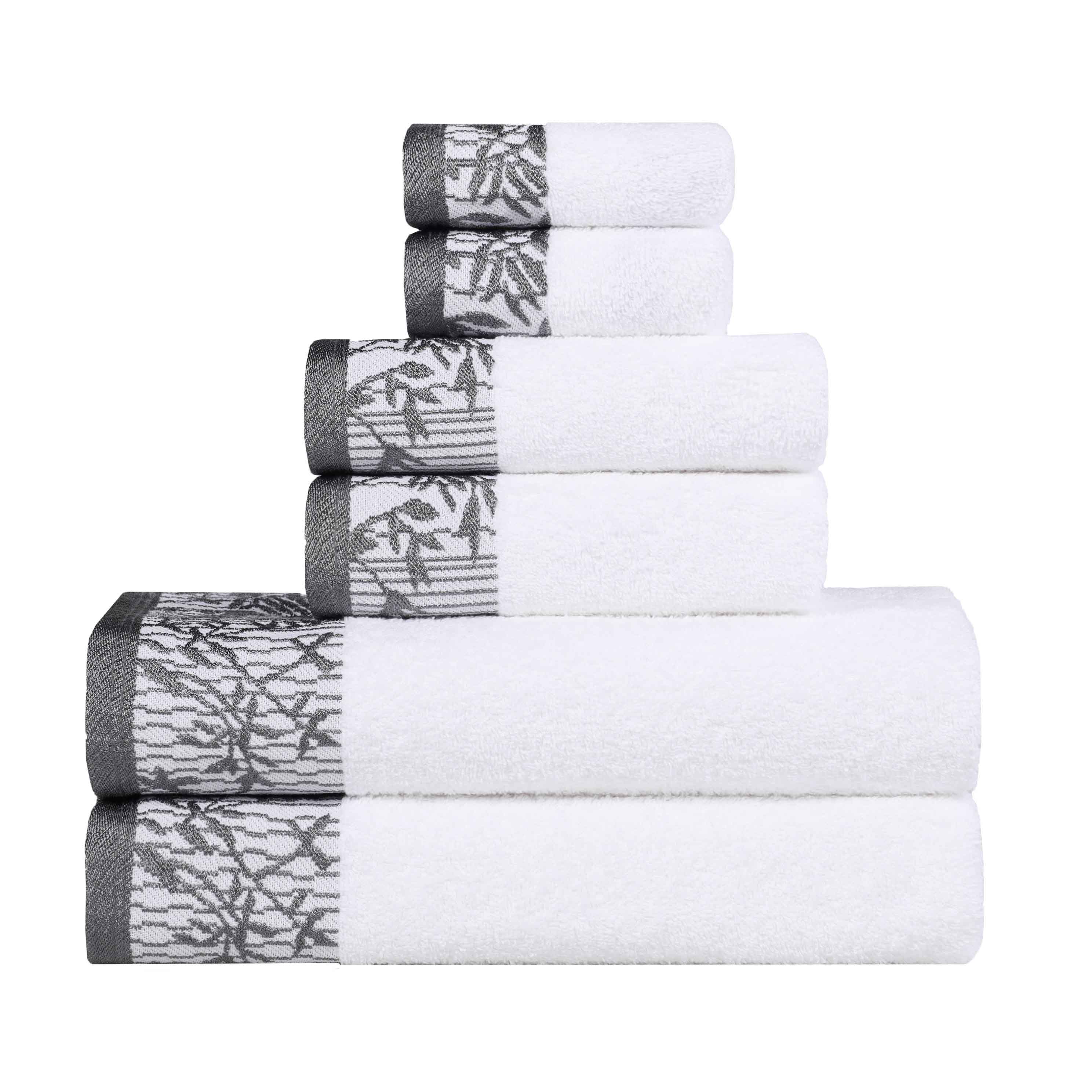 Wisteria Cotton Floral Embroidered Jacquard Border 6-Piece Bath Towel Set - Soft & Absorbent for Spa, Bathroom & Guest Use