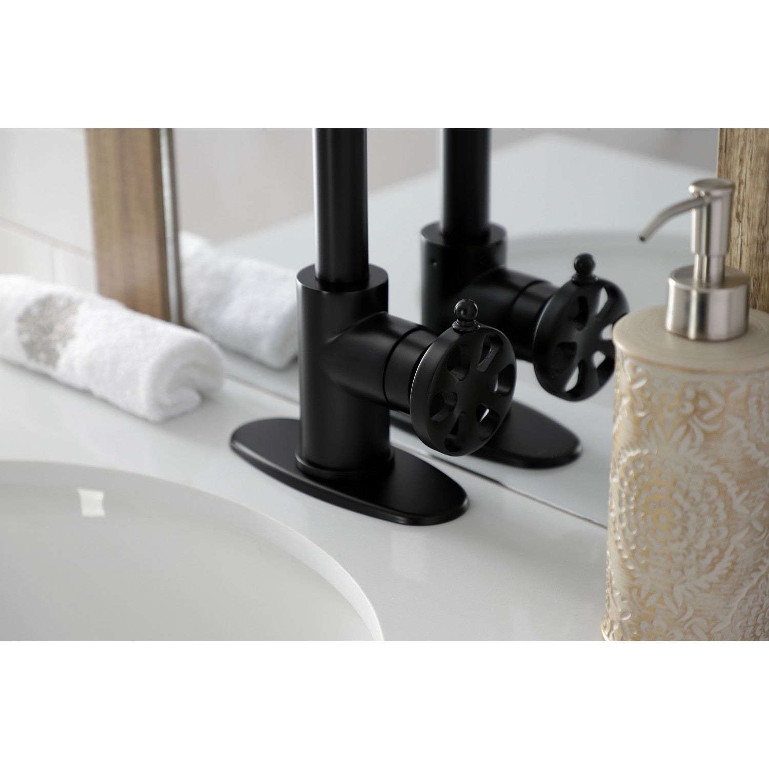 Belknap KSD144RXMB Matte Black Single Handle Bathroom Sink Faucet with Deck Plate & Push Pop-Up Drain - Perfect for Modern Bathroom Renovations and Small Space Vanities