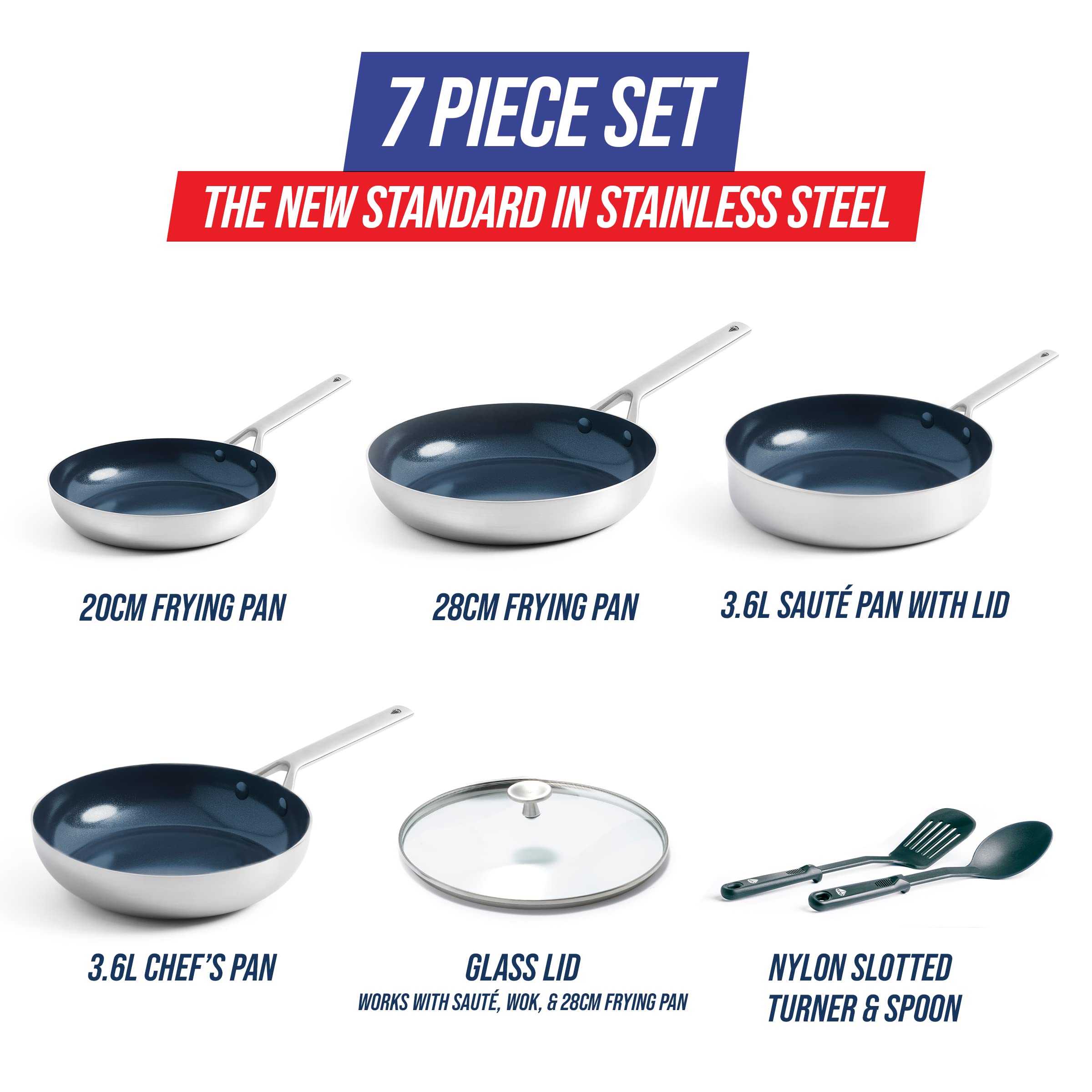 Blue Diamond Tri-Ply Stainless Steel Ceramic Nonstick Cookware Set - 7 Piece Pots & Pans | PFAS-Free, Induction Compatible, Dishwasher & Oven Safe | Perfect for Home Cooking, Professional Kitchens & Gift Giving