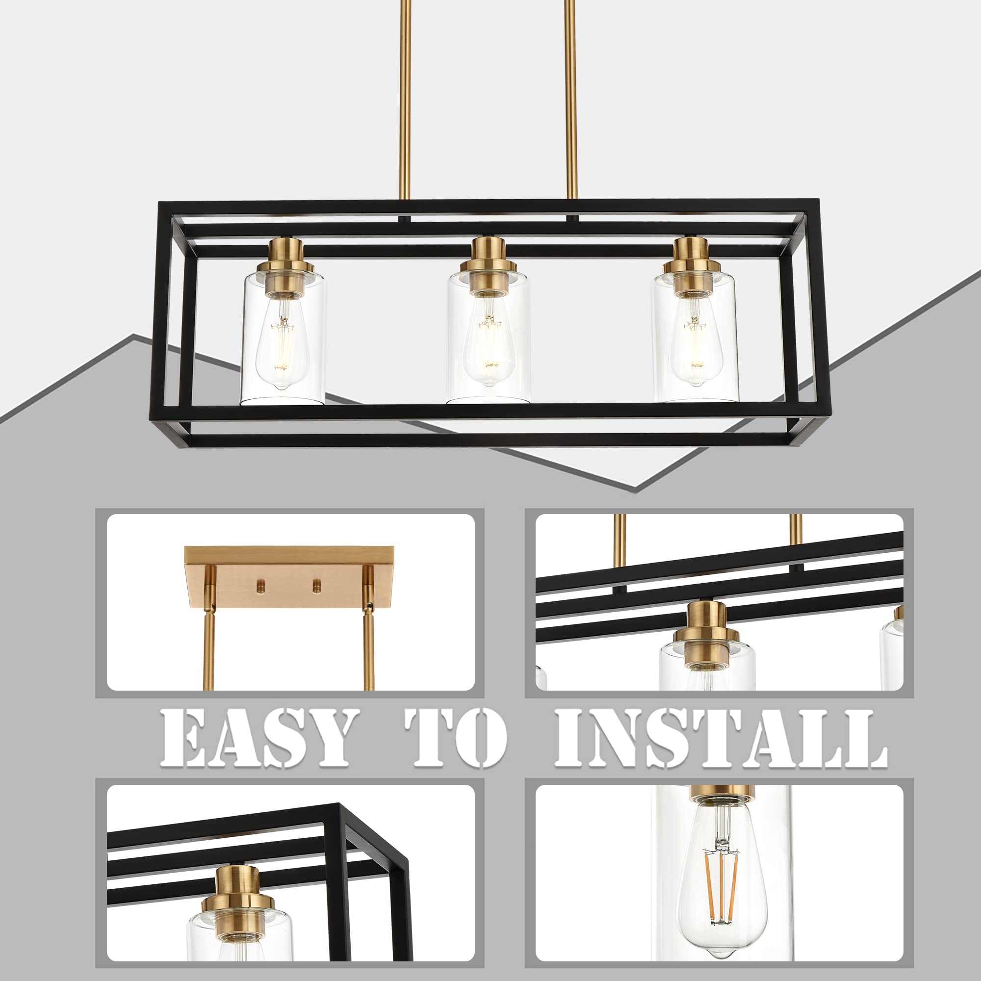 Modern Black Rectangle 3-Light Linear Pendant Chandelier - Kitchen Island Lighting with Clear Glass Shade & Brass Socket, E26 Base - Perfect for Dining Room, Kitchen Counter, and Breakfast Nook Lighting