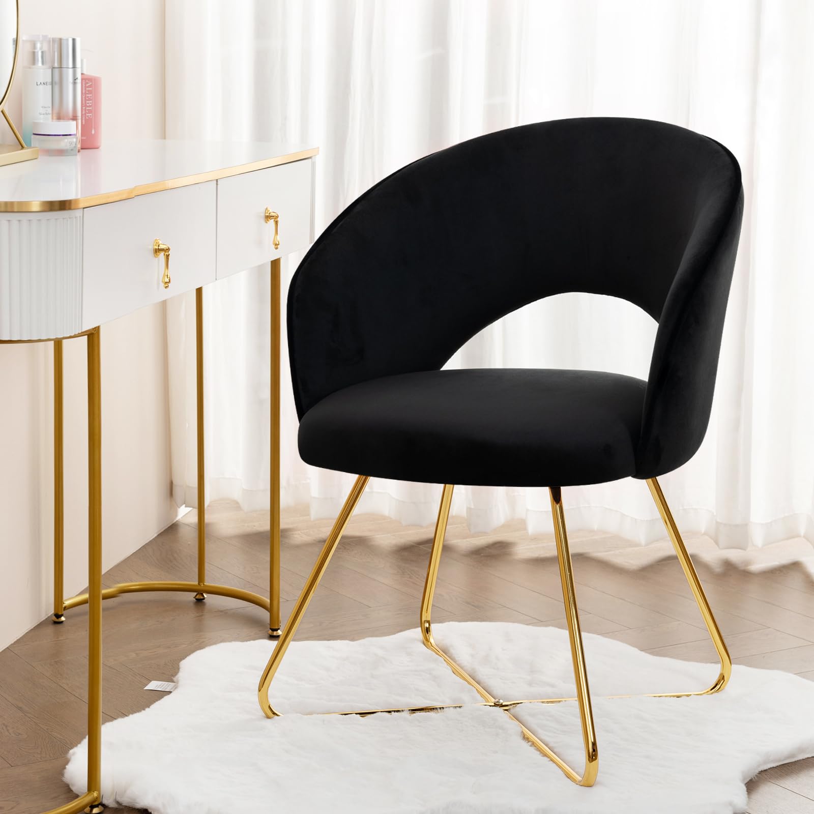 Furnimart Modern Velvet Accent Chair - Curved Mid-Back Black Vanity Chair with Gold Plated Legs for Bedroom, Living Room & Dining Room | Luxurious Seating for Home Décor, Makeup Vanity & Relaxation (Black)