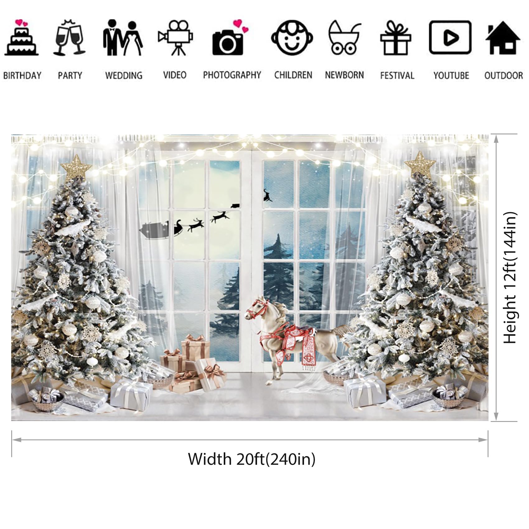 Baocicco 20x12ft Christmas Photography Backdrop - Winter Wonderland Scene with Xmas Tree, Santa Claus, Reindeer & Sleigh for Holiday Party Decor, Family Photos, New Year Celebrations & Merry Christmas Backgrounds