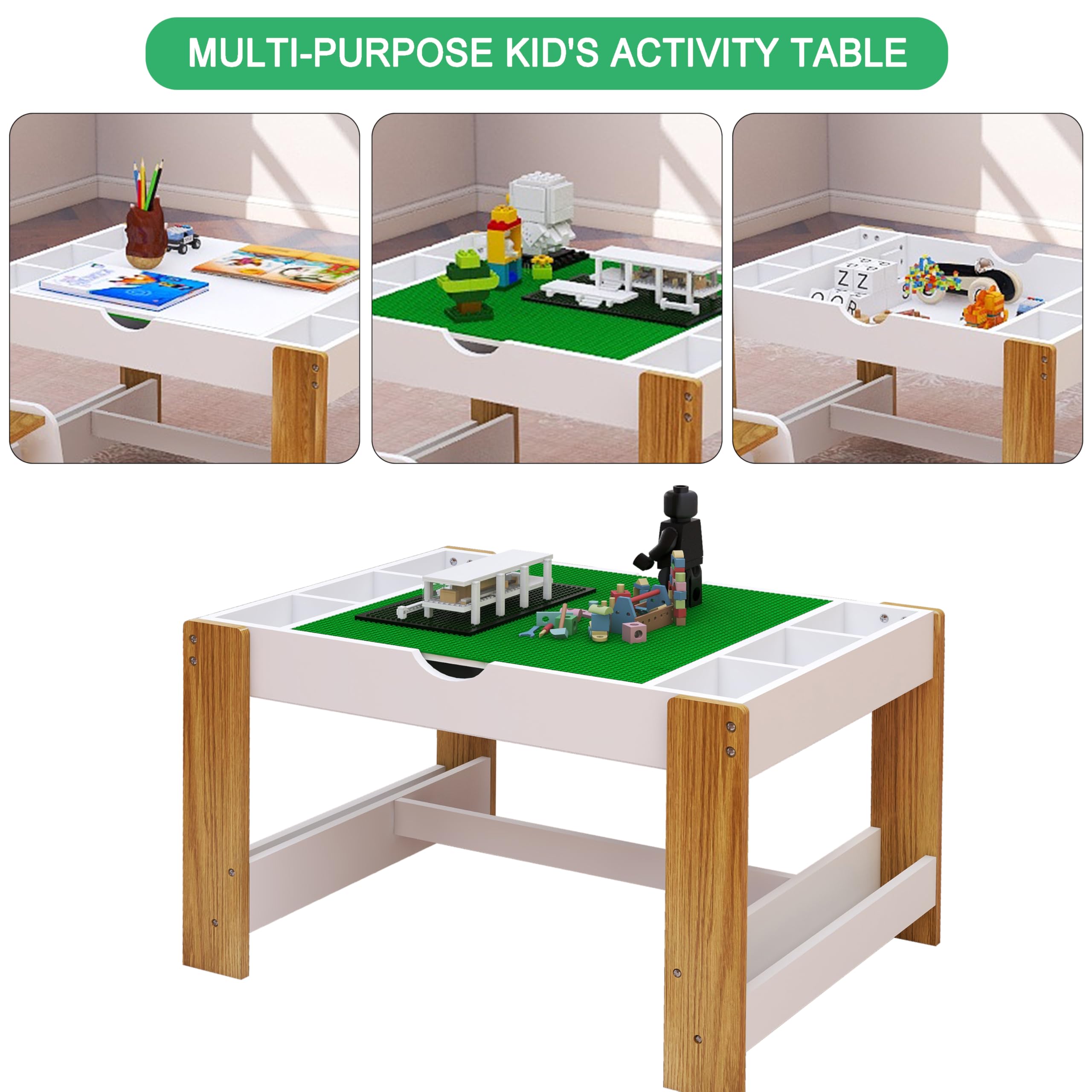2 in 1 Wooden Kids Play Table with Storage - Lego Building Block & Activity Table for Toddlers - Book Storage for Reading, Writing & Playing - White - Perfect for Playroom, Classroom & Home Learning Activities
