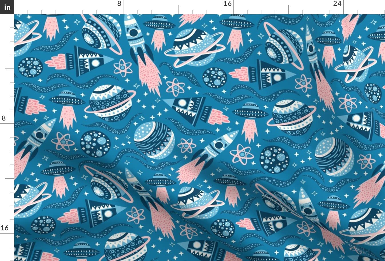 Planets Space Blue Pink Stars Retro Atomic Print Chiffon Fabric Fat Quarter - Sewing, Fashion Apparel, Dresses & Home Decor - Perfect for DIY Projects, Quilting, Curtains & Vintage Style Clothing