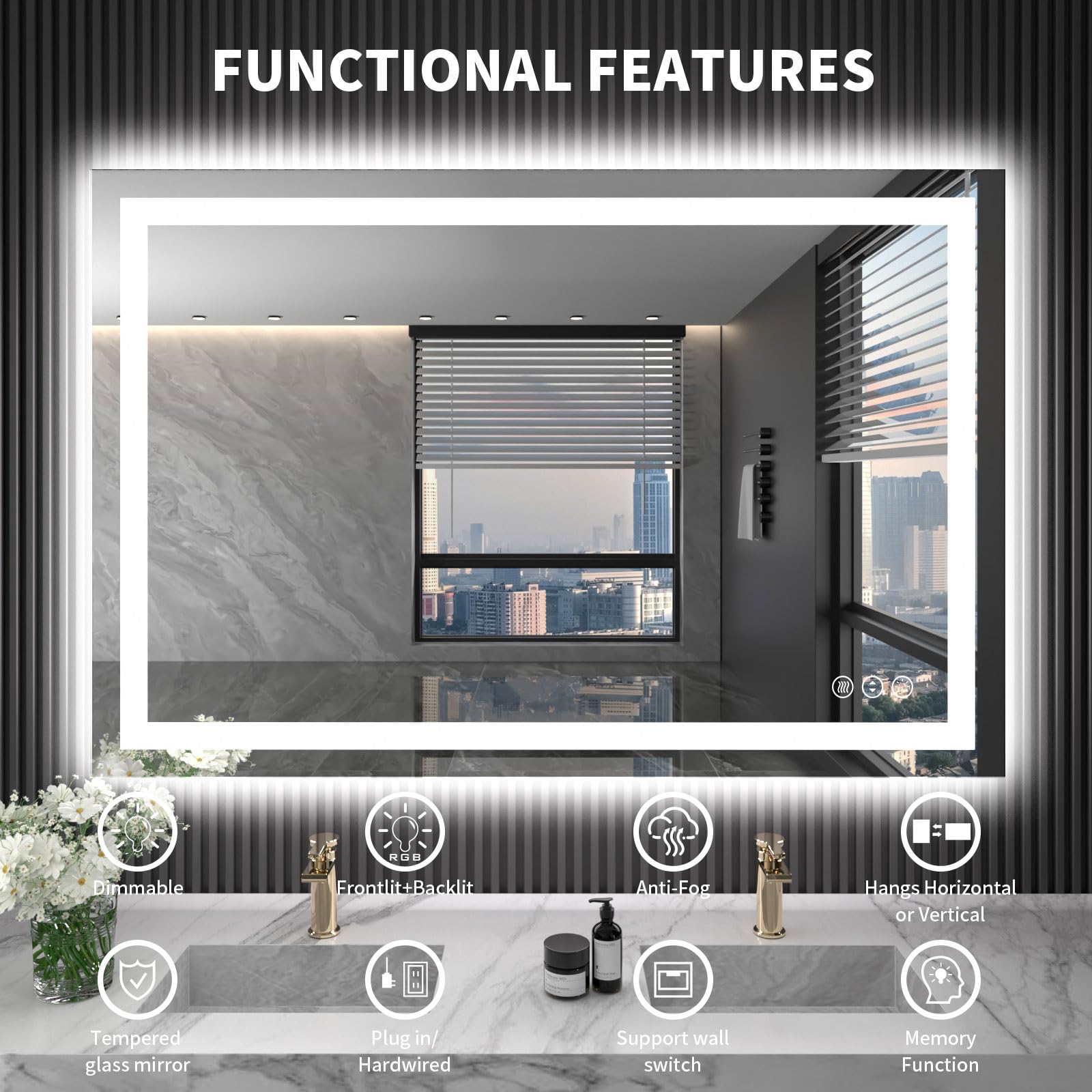 LOAAO 40X32 Inch LED Bathroom Mirror with Anti-Fog & Dimmable Backlit + Front Lighting - Waterproof Vanity Mirror with Memory Function & Tempered Glass - Perfect for Makeup, Shaving & Home Decor