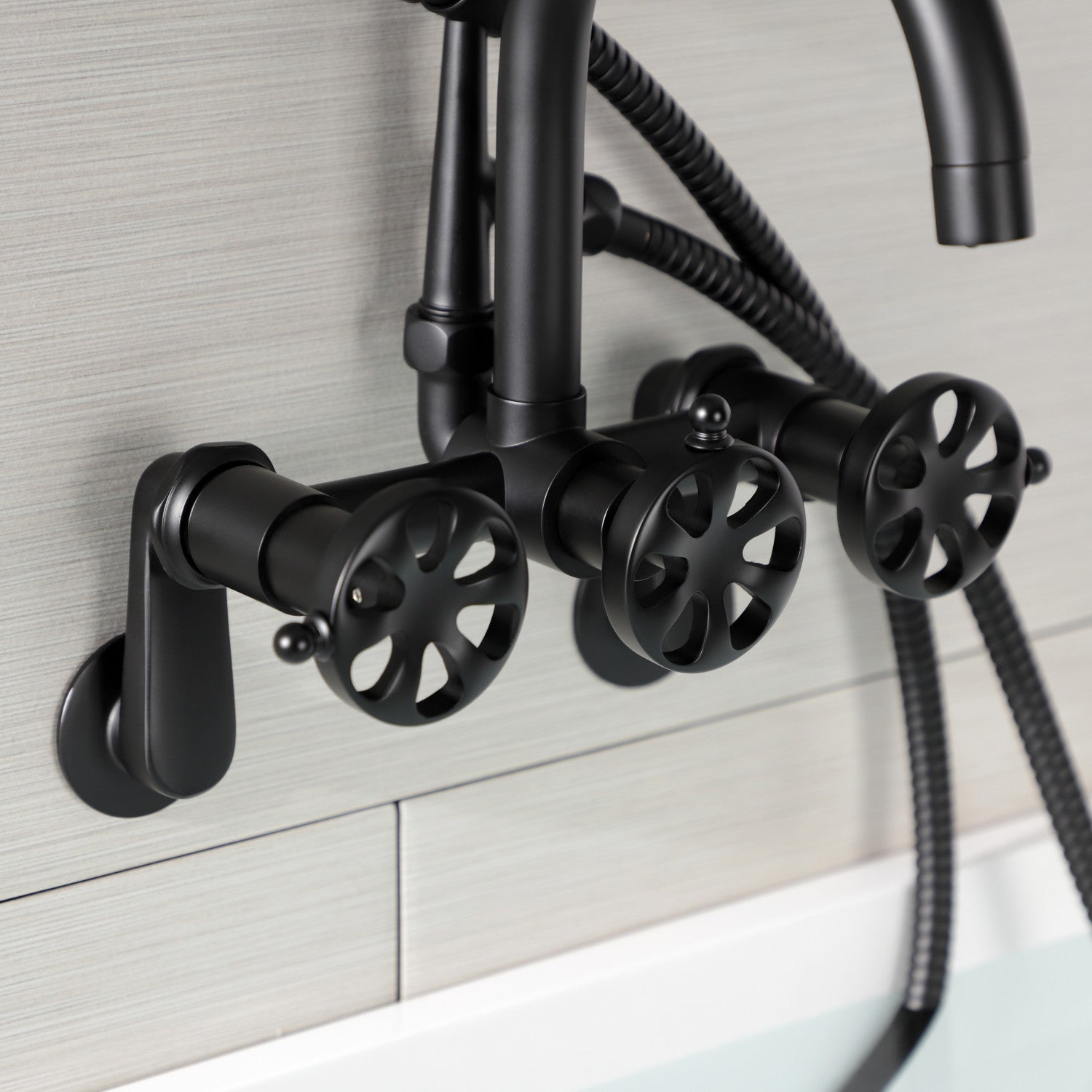 Belknap AE8150RX Matte Black 3-Handle 2-Hole Wall Mount Clawfoot Bathtub Faucet with Hand Shower - Vintage Style for Classic Bathrooms & Spa Retreats