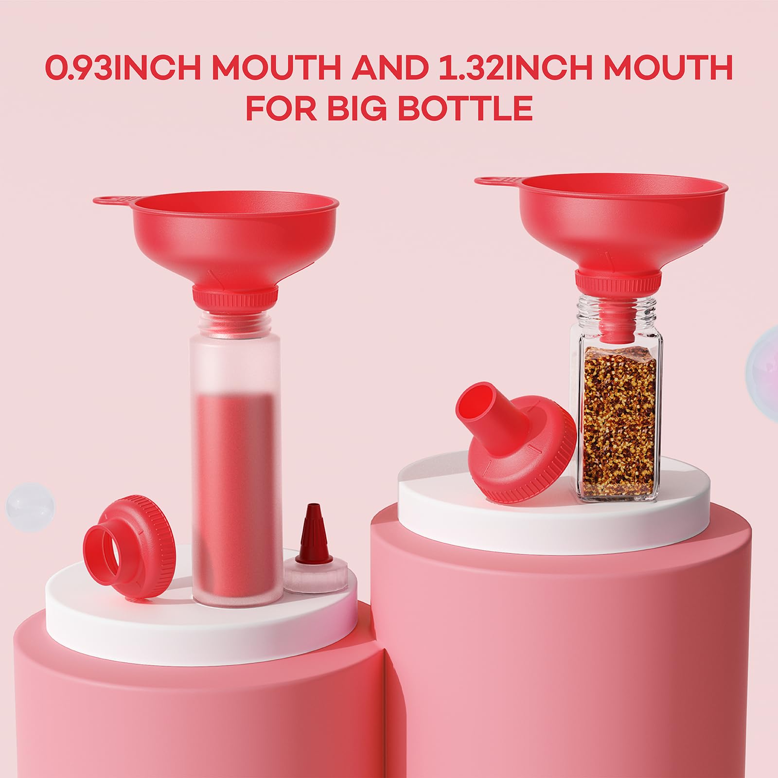 Wide Mouth Multi-Purpose Kitchen Funnel Set - 4 Size Food Grade Plastic Canning Funnels with 2 Strainers for Bottles, Jars & Bags (Red) - Perfect for Home Canning, Cooking Oil Transfer & DIY Projects