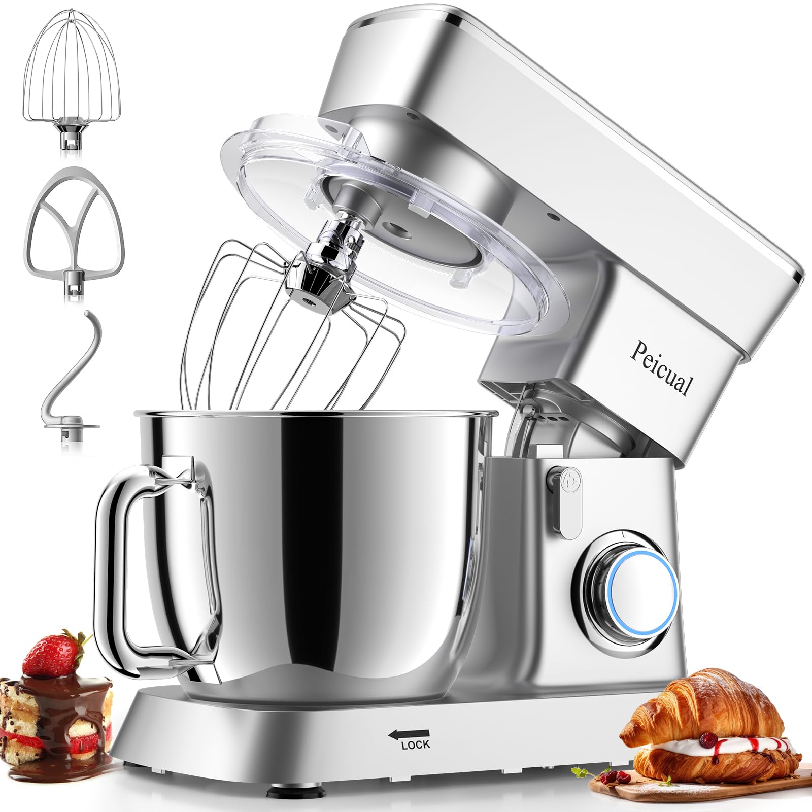 6QT 10-Speed Tilt-Head Stand Mixer - Powerful Kitchen Electric Mixer with Stainless Steel Bowl, Dough Hook, Flat Beater & Wire Whisk - Perfect for Baking Cakes, Cookies, Bread & More - Silver