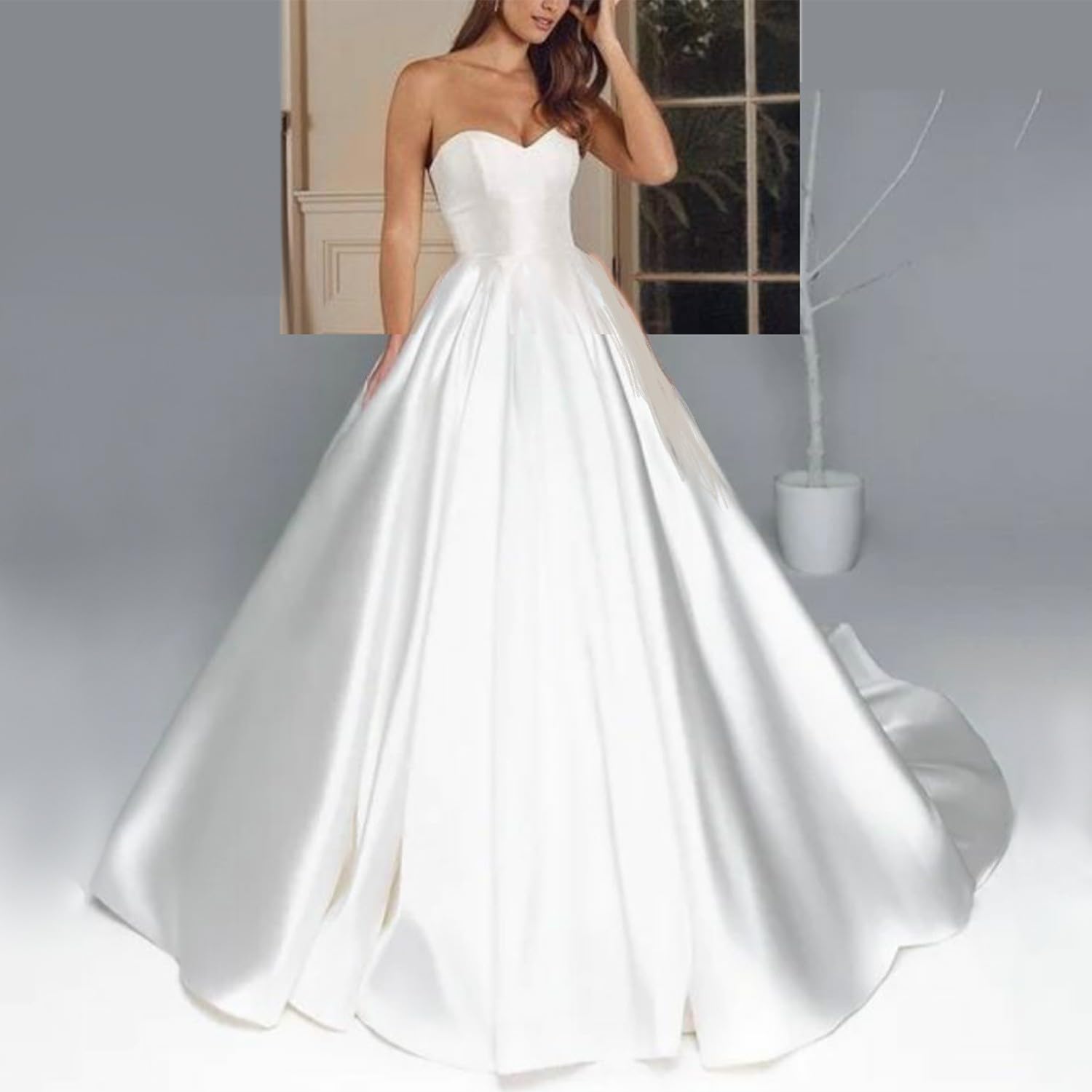 Elegant Strapless Satin Wedding Dress for Bride 2023 – Simple Bridal Gown for Women | Perfect for Church Ceremony, Beach Wedding & Reception