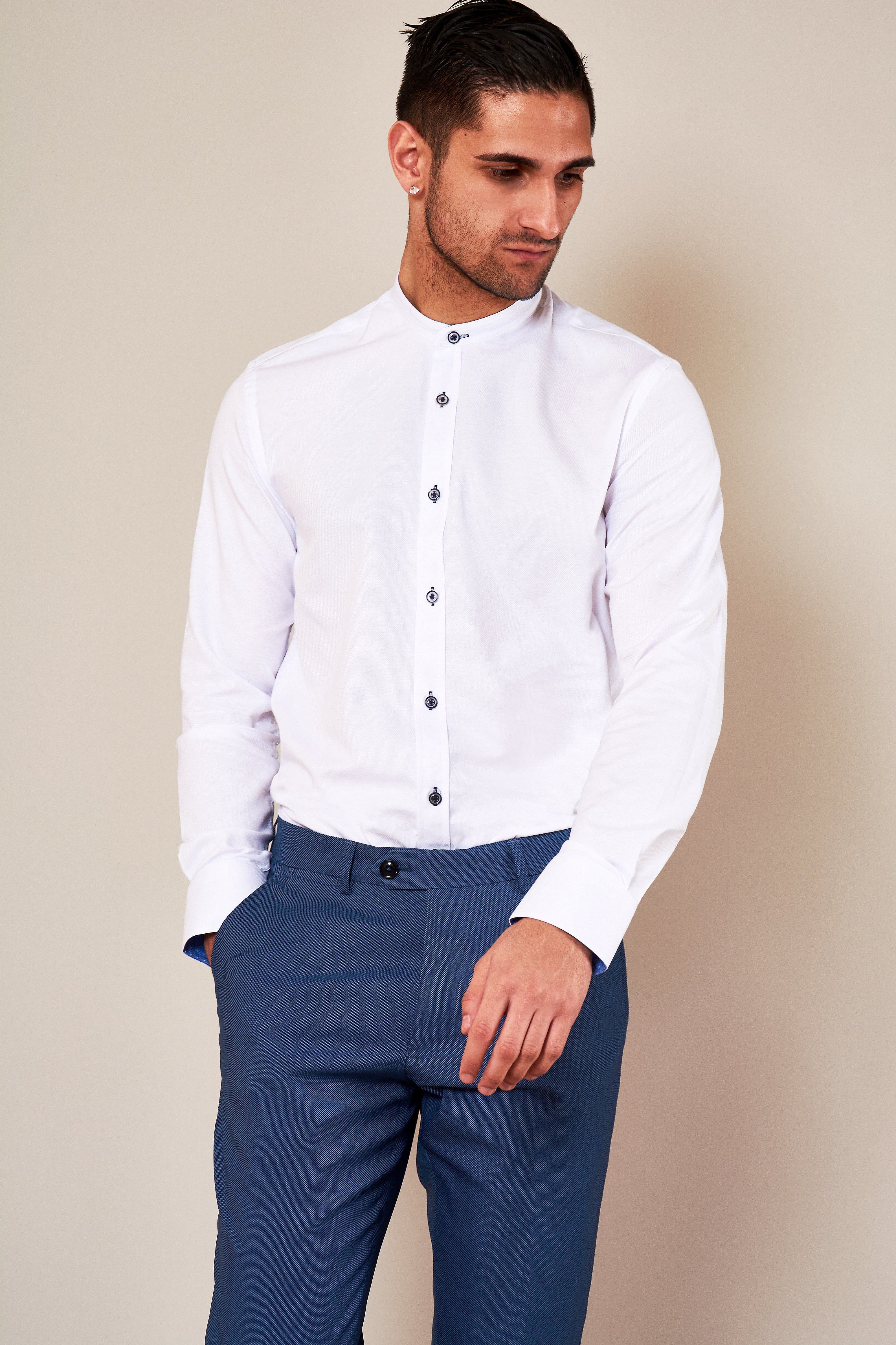 ARCHIE White Grandad Collar Shirt with Navy Buttons - Classic Vintage Style Button Down Shirt for Men - Perfect for Casual Wear, Office & Date Nights