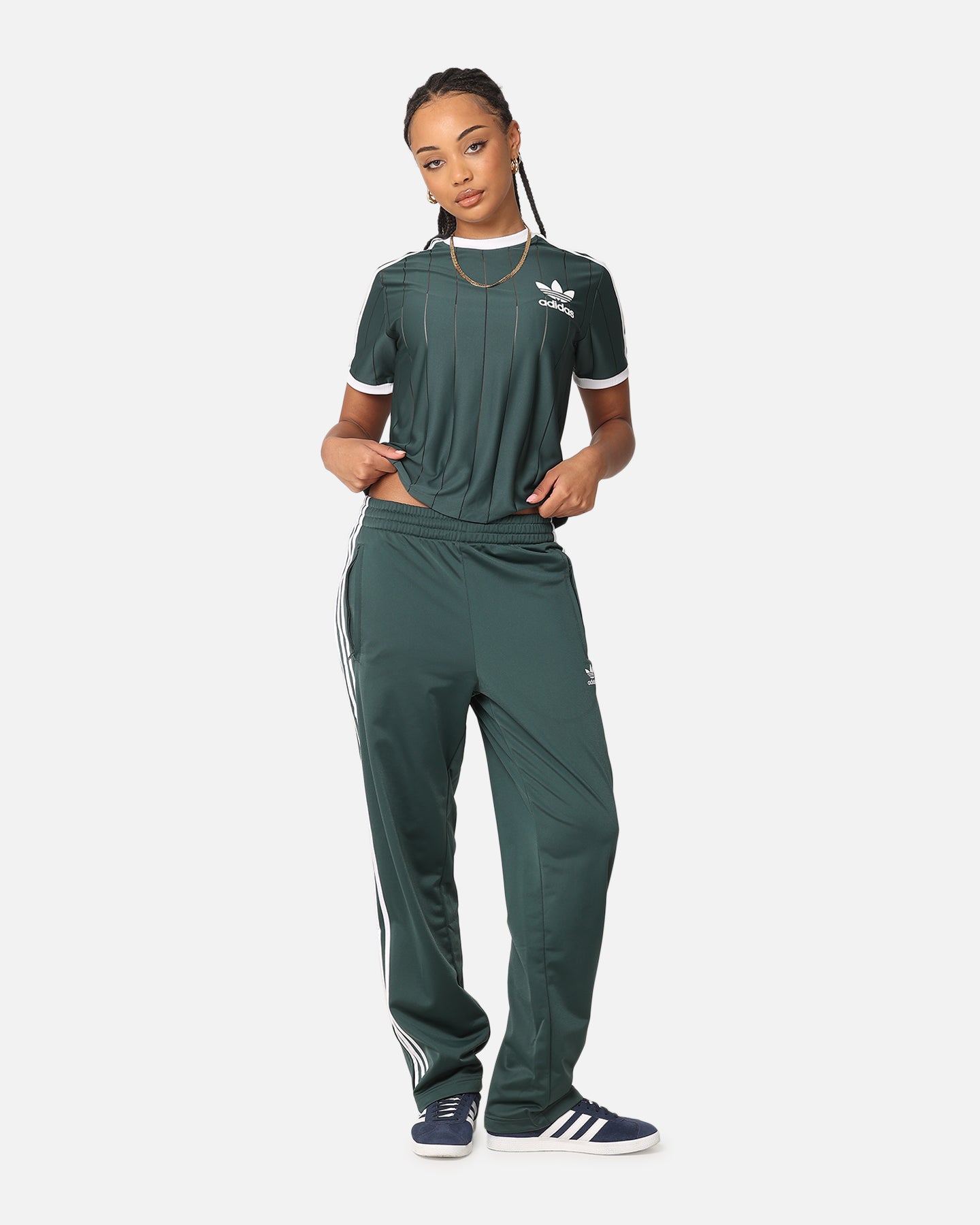 Adidas Women's 3 Stripes Pinstripe T-Shirt - Mineral Green Athletic Top for Running, Gym & Casual Wear