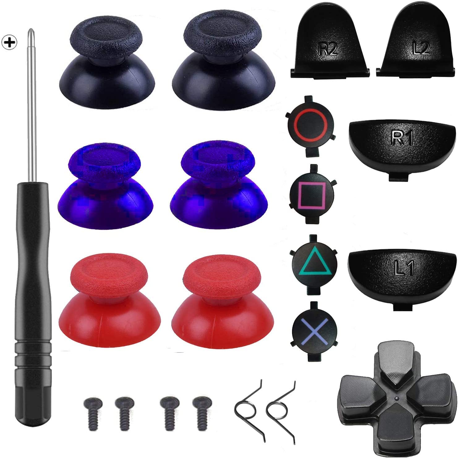 Premium PS4 Controller Thumbsticks Joystick Set - Includes Cross Screwdriver, L2/R2 L1/R1 Trigger Replacement Parts, ABXY Bullet Buttons, D-pad & Small Springs (Black/Red/Blue) - Perfect for PS4 Controller Repair & Customization Gaming Setup