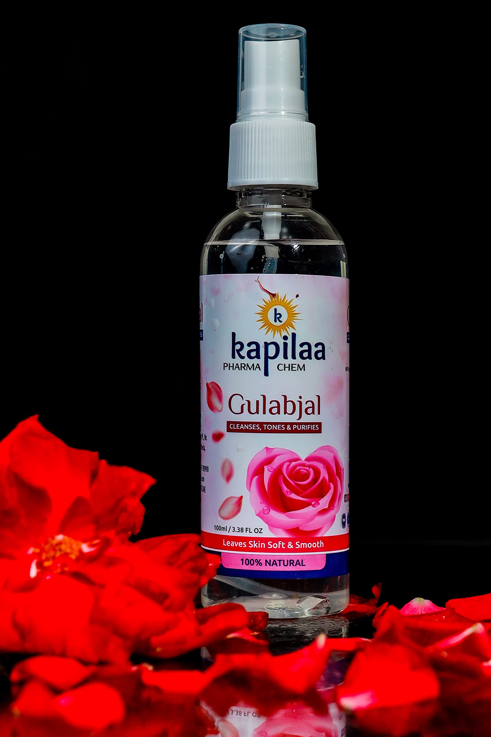 Kapilaa Pharma Chem Gulab Jal Spray - Pure Rose Water Mist for Hydrated, Glowing Skin | Premium Toner & Cleanser for Soft, Smooth Skin | Perfect for Daily Skincare Routine, Makeup Setting & Face Refreshment