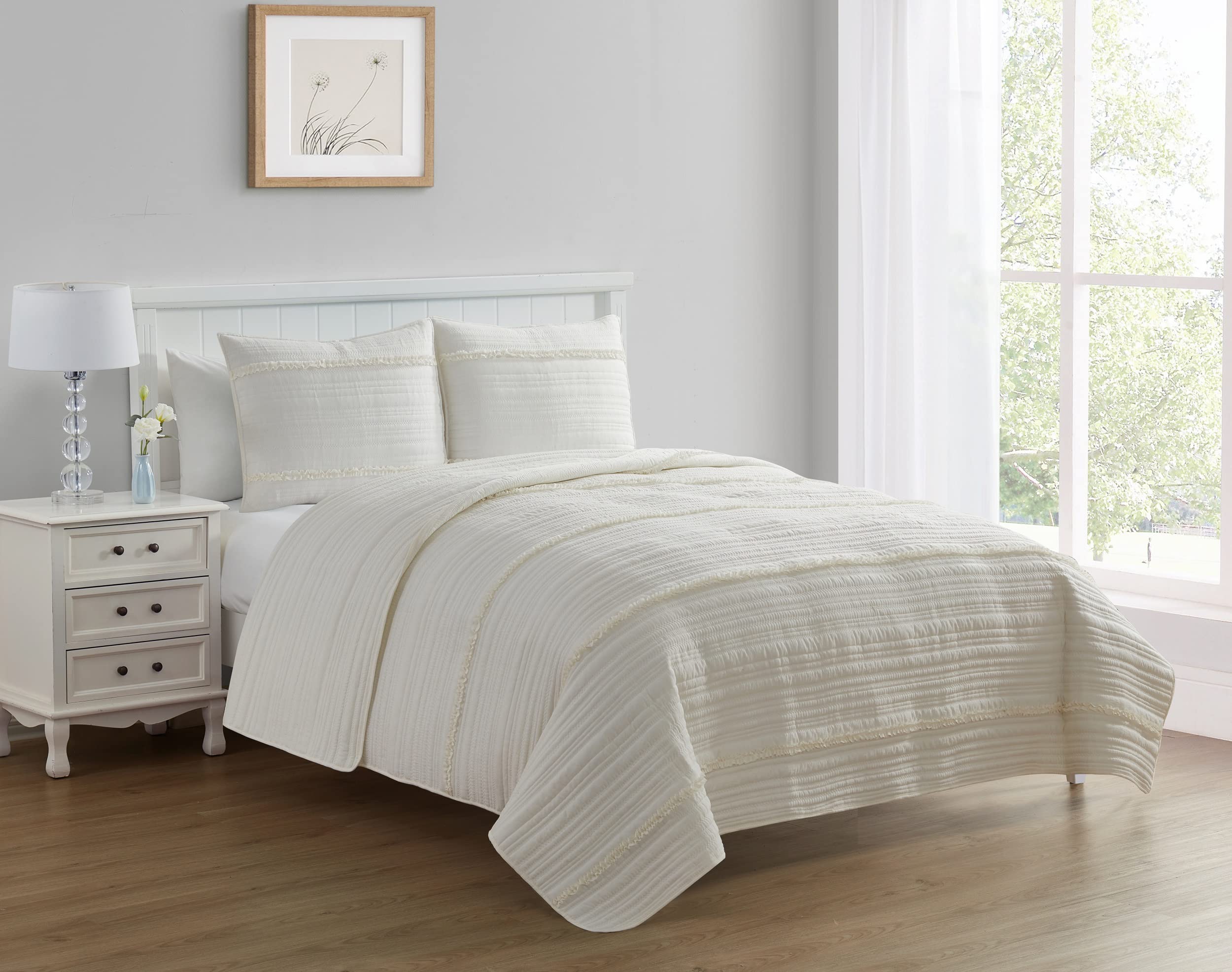 Blissful Living Luxury Ruffle Quilt Set with Shams - Ultra Soft & Lightweight All-Season Bedding for Twin, Full/Queen & King Sizes (Full/Queen, Whisper White) - Perfect for Master Bedrooms, Guest Rooms & Cozy Home Decor