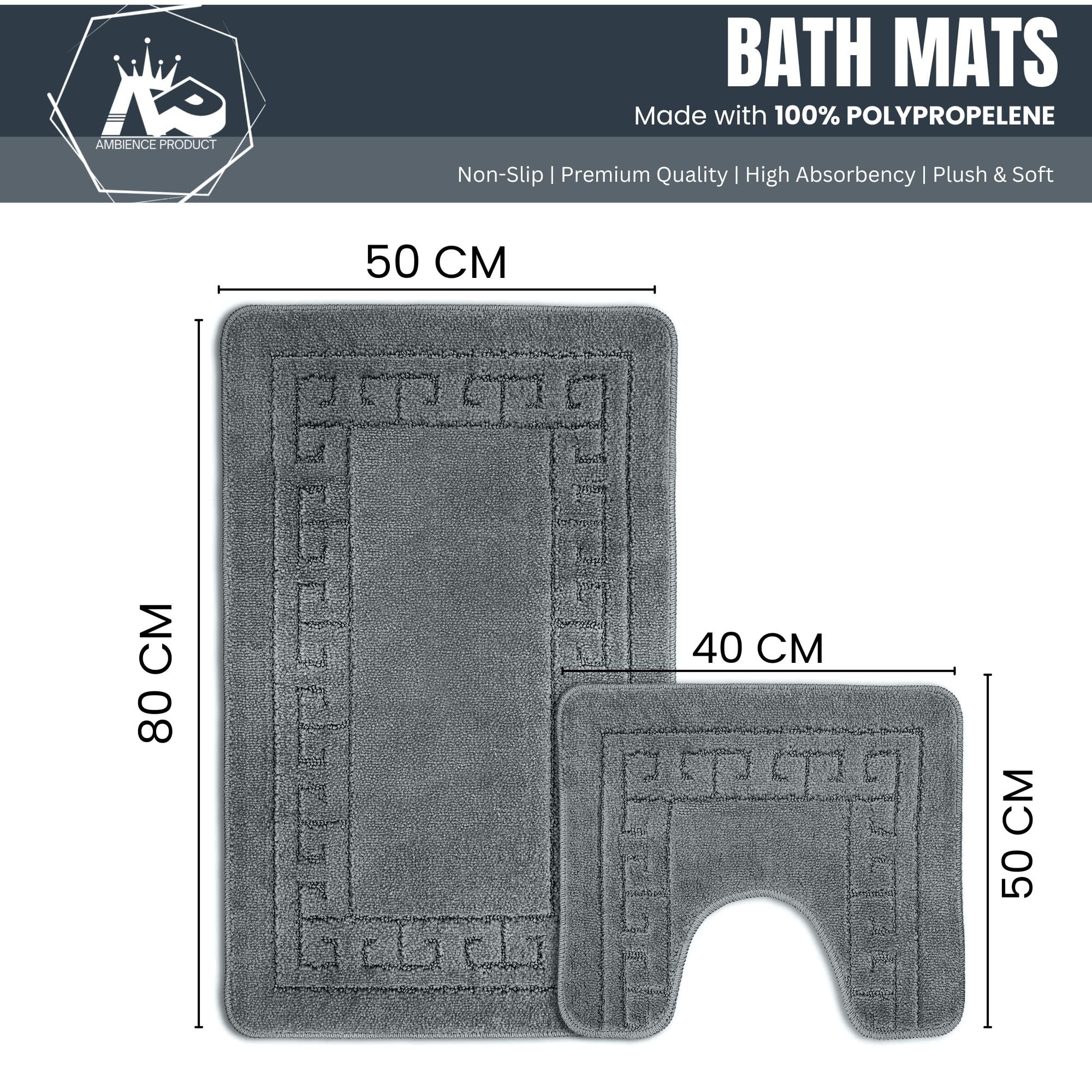 Premium Greek Key Pattern Bath Mats 2-Piece Set - Non-Slip, Quick Dry, Washable Bathroom Rug & Pedestal Mat Set (Charcoal) for Luxury Bathroom Decor & Spa-Like Shower Experience