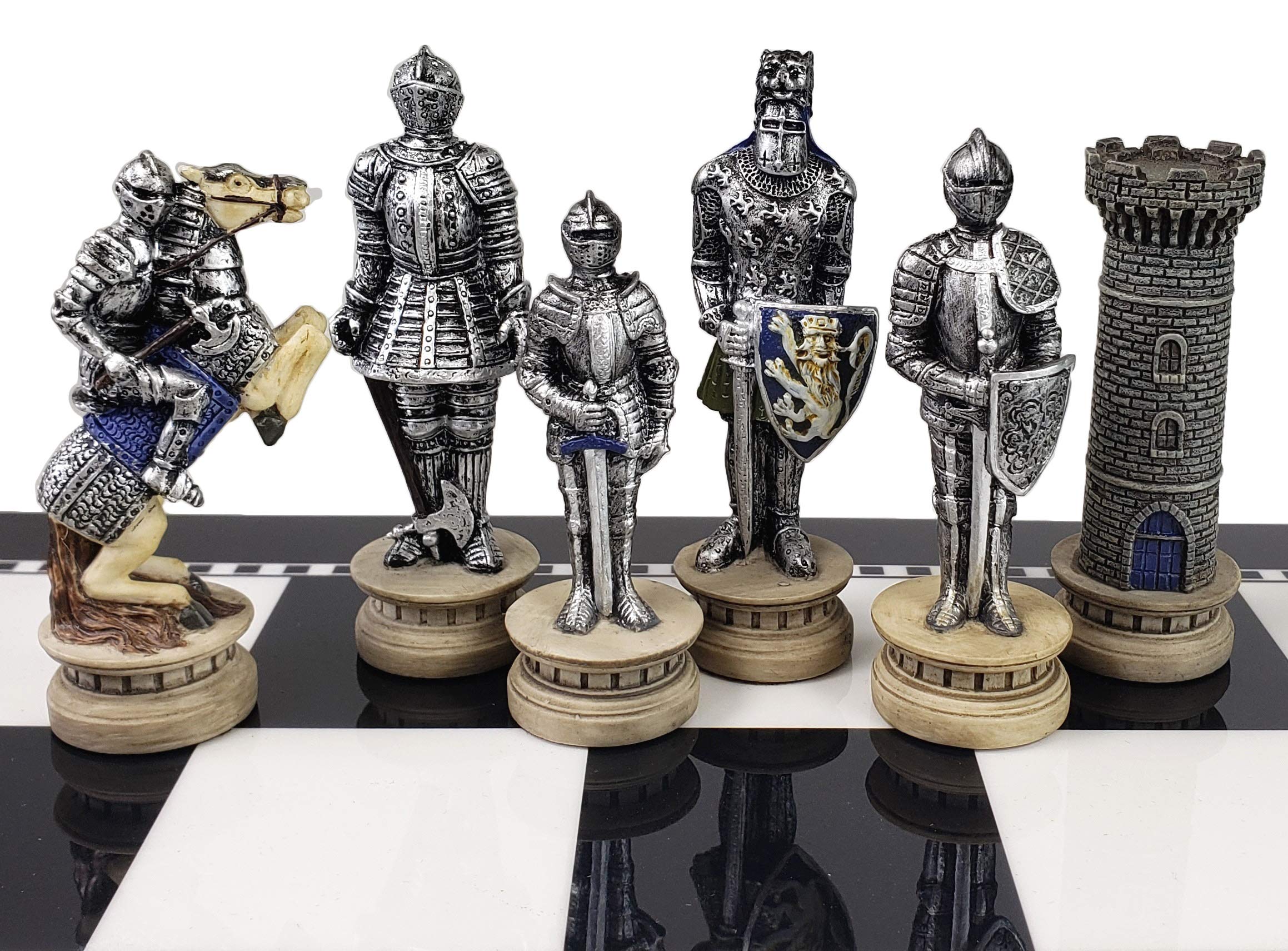 Medieval Crusades Gold & Silver Armored Knights Chess Set - 17 Inch Black & White Storage Board - Perfect for Collectors, Home Decor & Strategy Game Lovers
