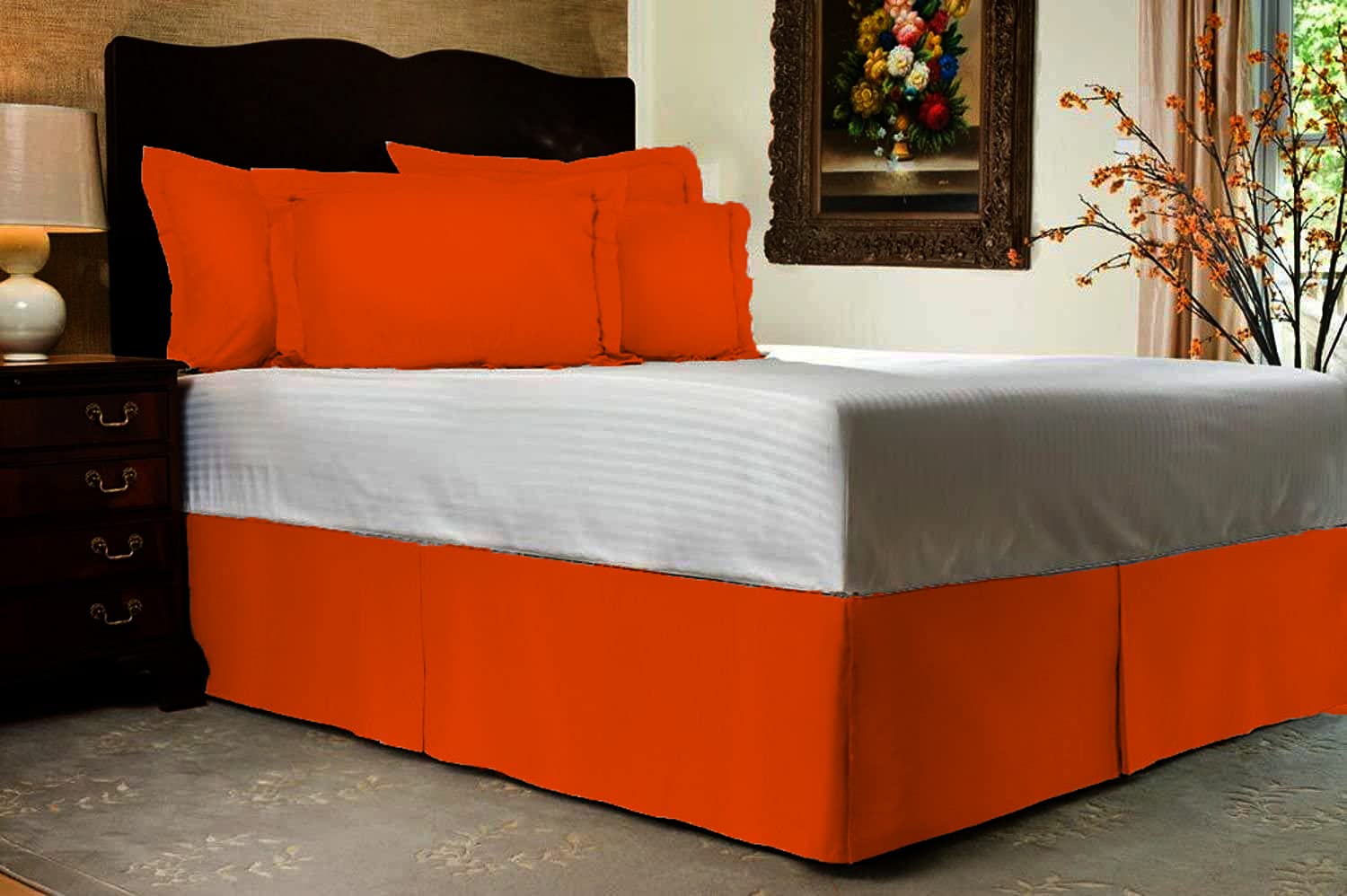 Premium Twin Size Orange Solid Wrap Around Pleated Bed Skirt - 100% Pure Cotton 600 TC, 12