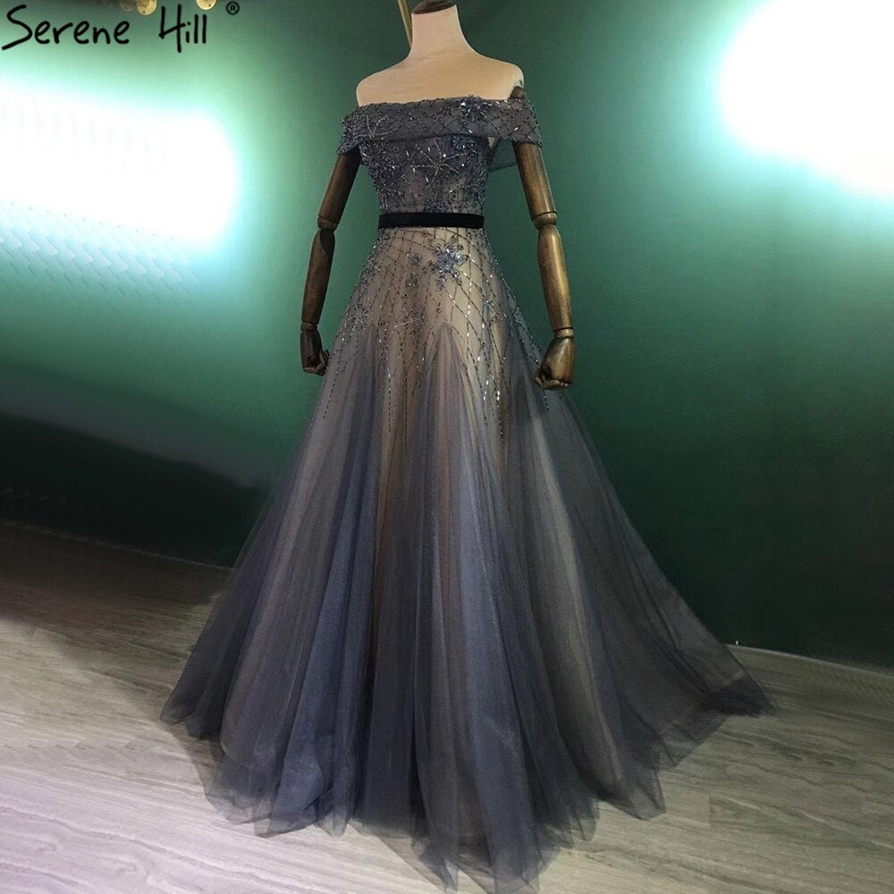 Serene Hill Luxury Blue A-Line Evening Dress with Beaded Bling Off-Shoulder Design for Women - Perfect for Prom, Gala & Formal Parties (LA71192)