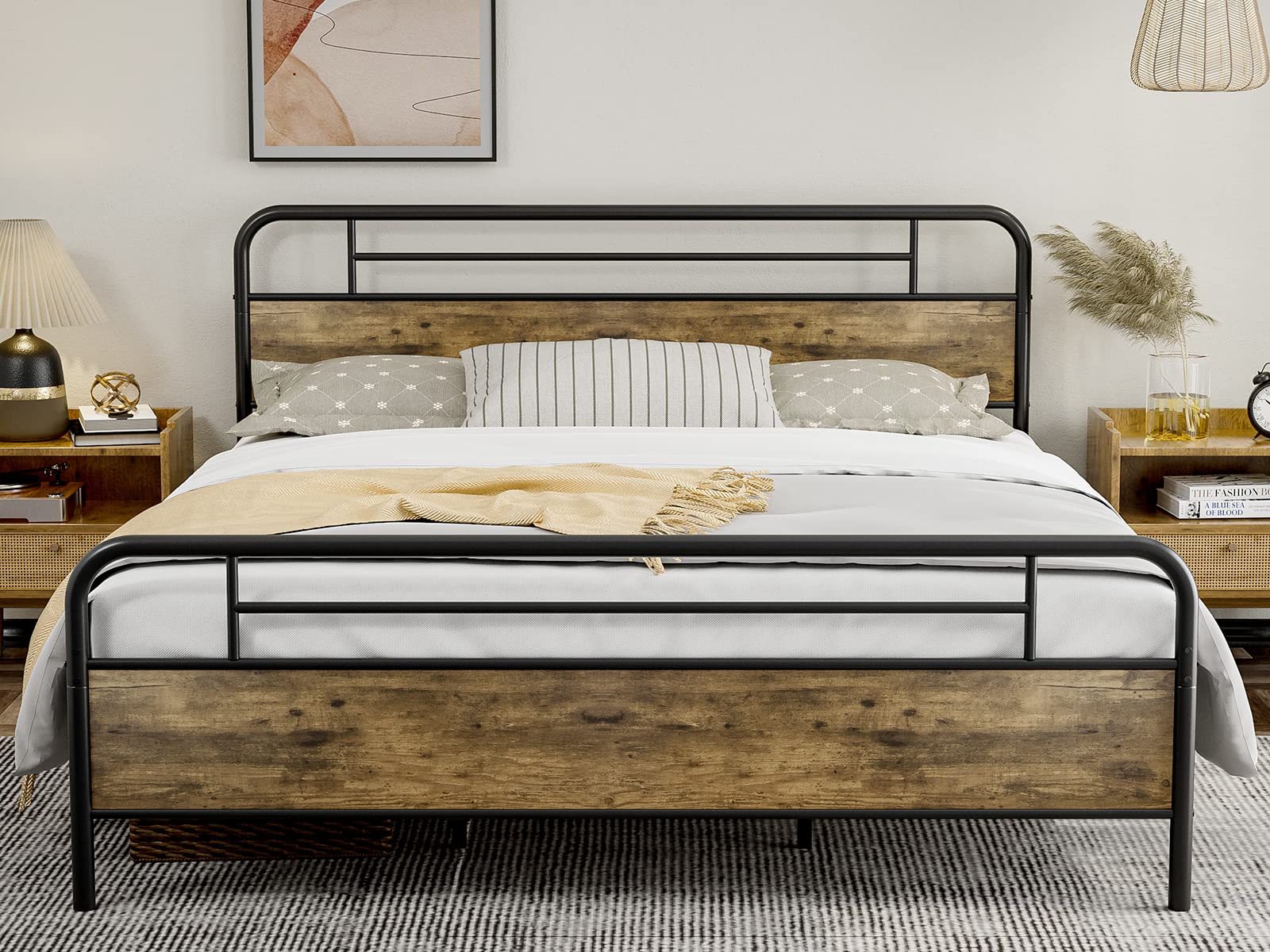 IKIFLY California King Bed Frame with Wood Headboard & Footboard - Farmhouse Style Metal Platform Bed with Heavy Duty Steel Slats, 12