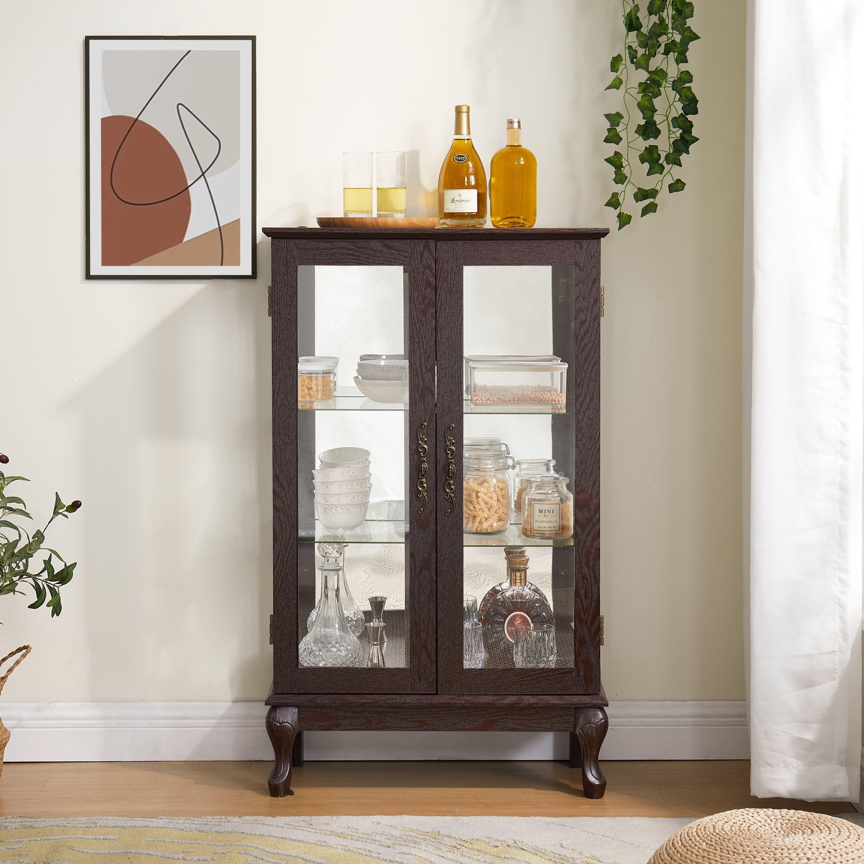 2 Door Curio Cabinet with Tempered Glass & Mirrored Back - LED Lighted Display Case for Living Room, Dining Room, Office - Showcase Collectibles, China, or Decor Items